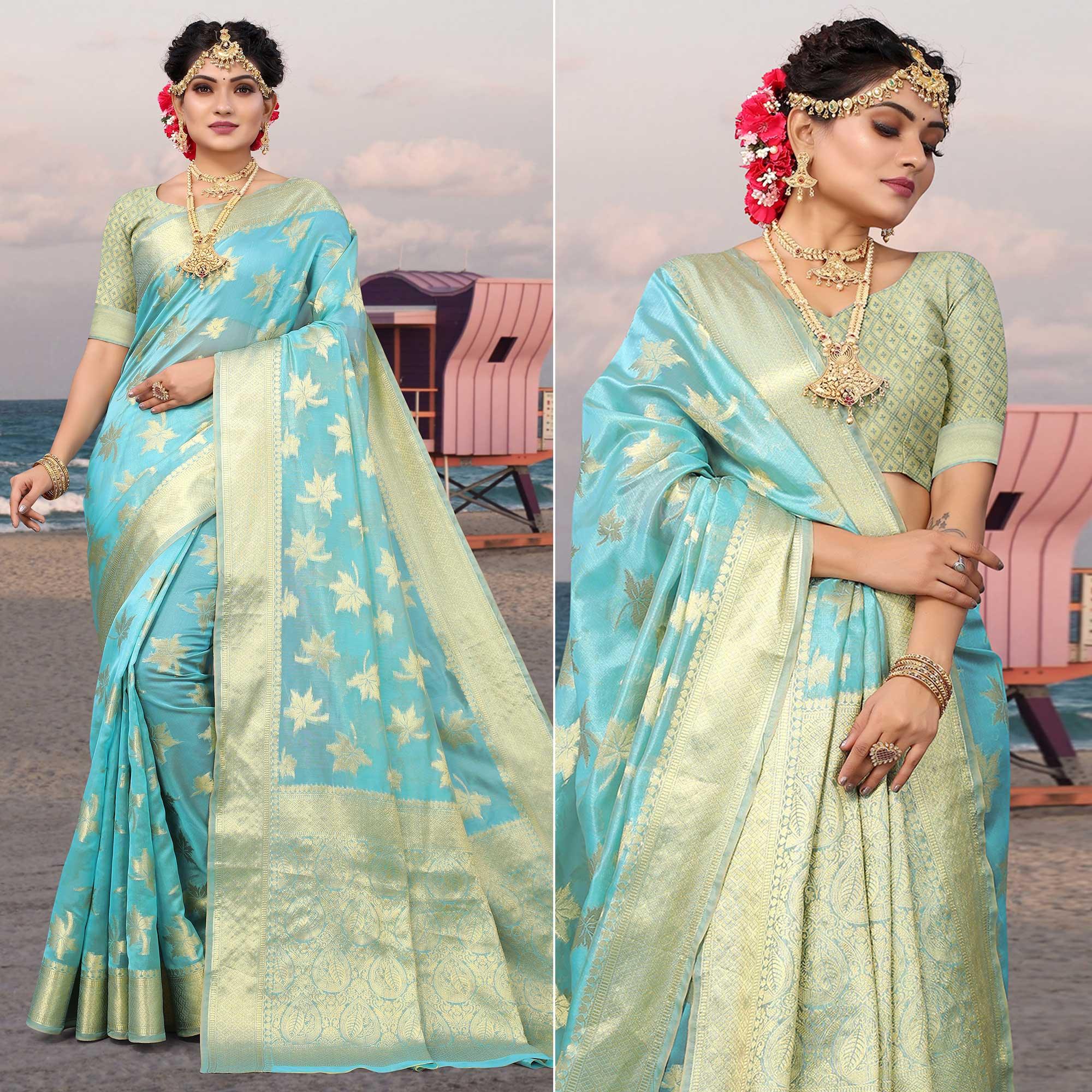 Blue Woven Organza Saree - Peachmode