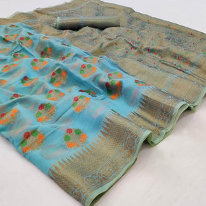 Blue Woven Organza Saree - Peachmode