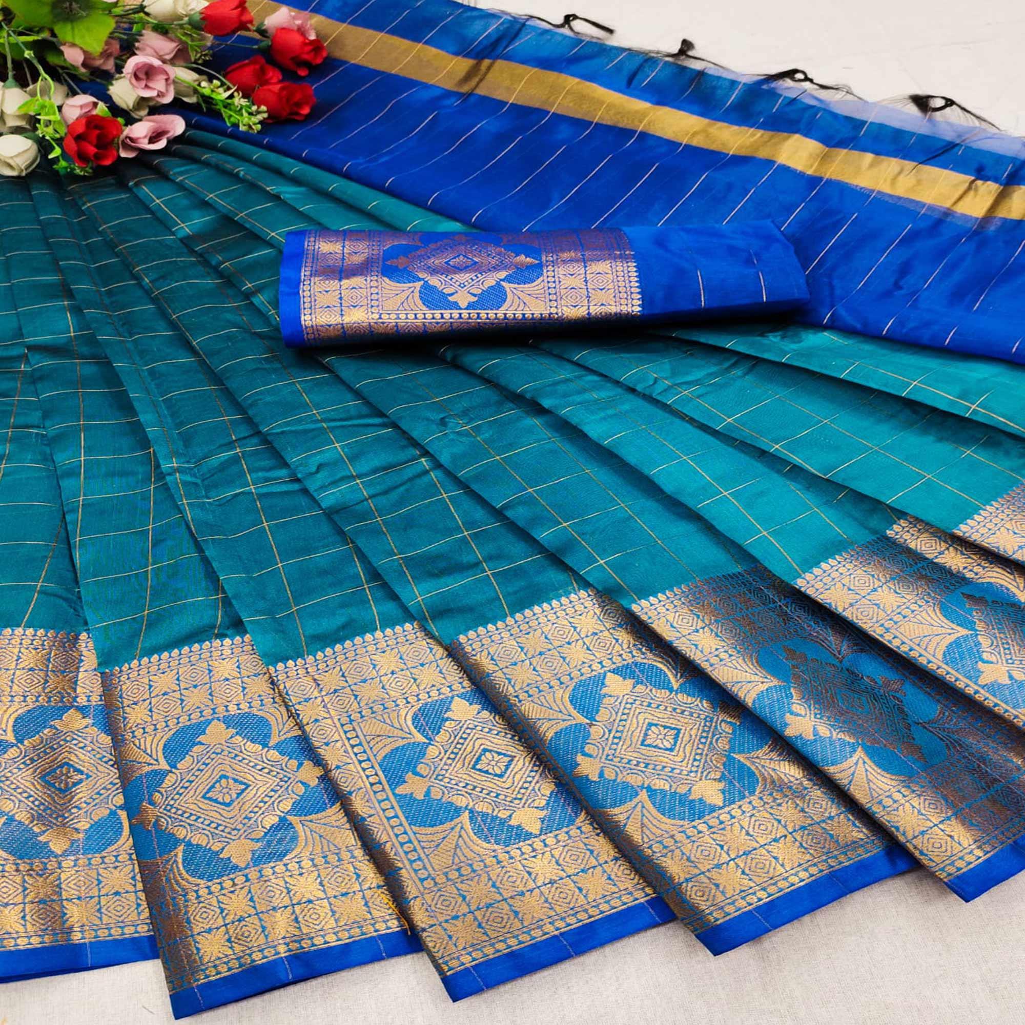 Blue Woven Organza Saree - Peachmode