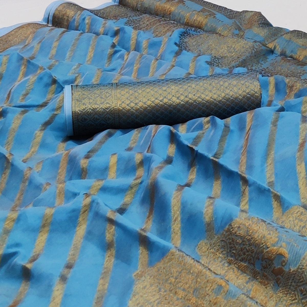 Blue Woven Organza Saree - Peachmode