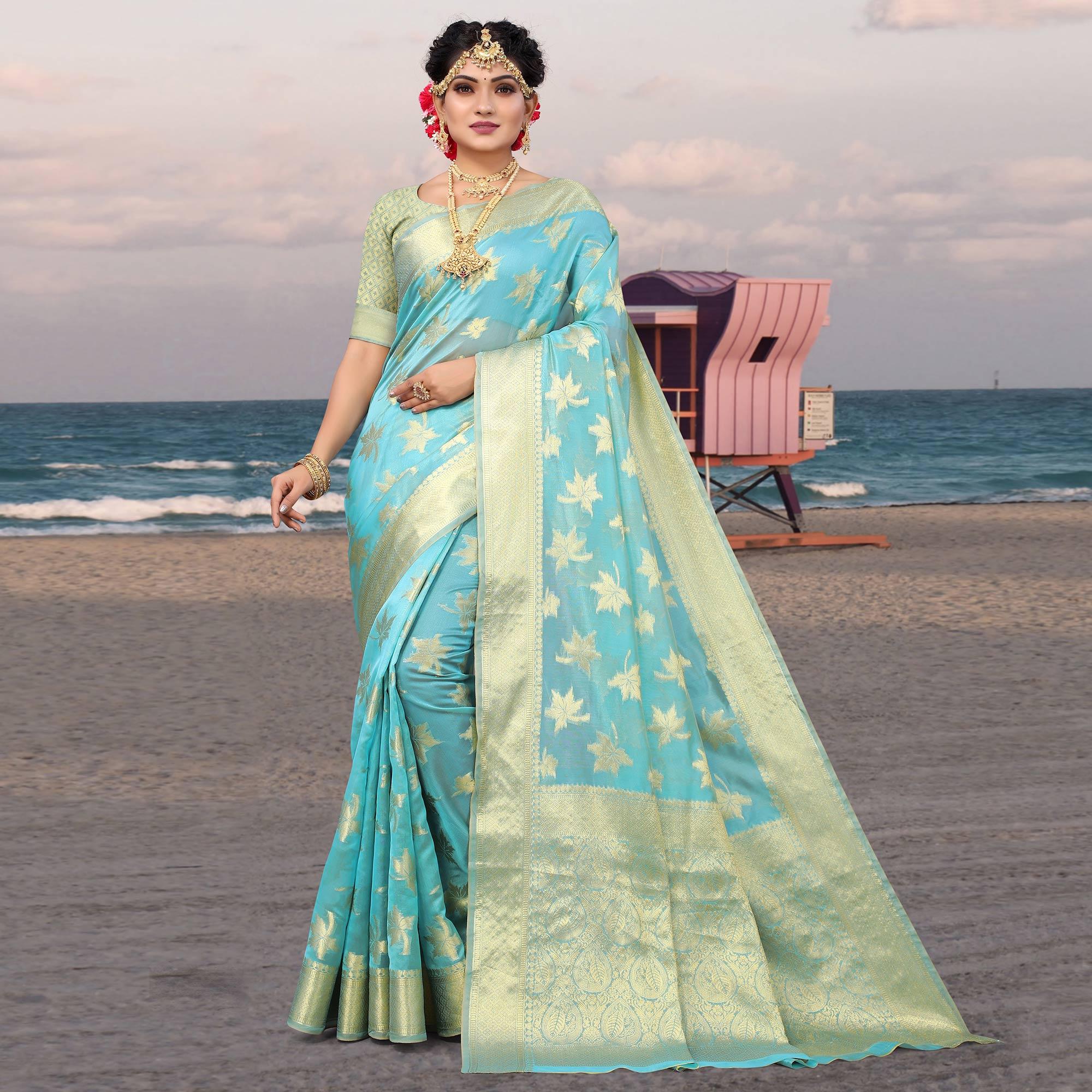 Blue Woven Organza Saree - Peachmode