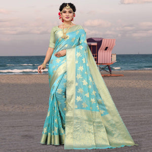 Blue Woven Organza Saree - Peachmode