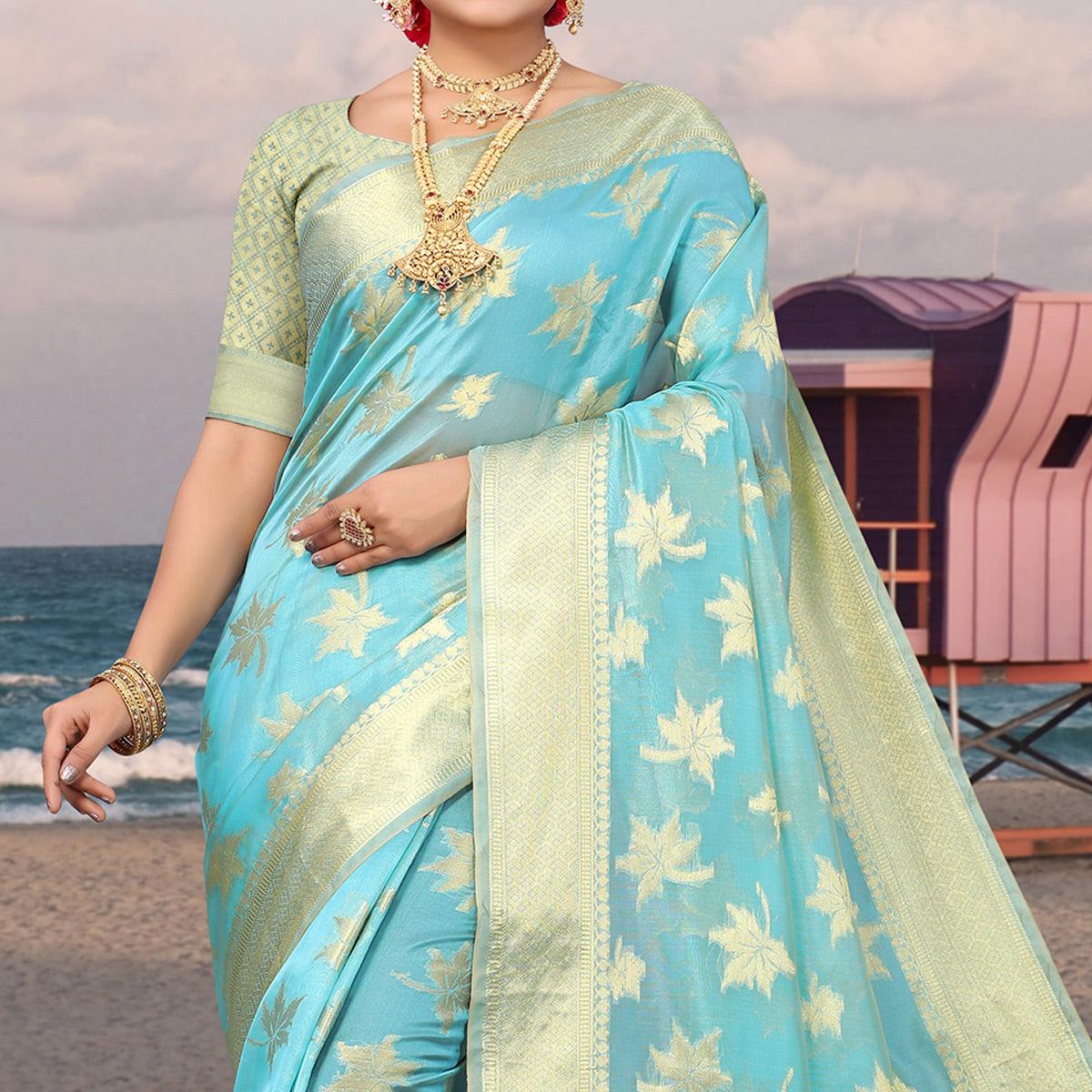 Blue Woven Organza Saree - Peachmode