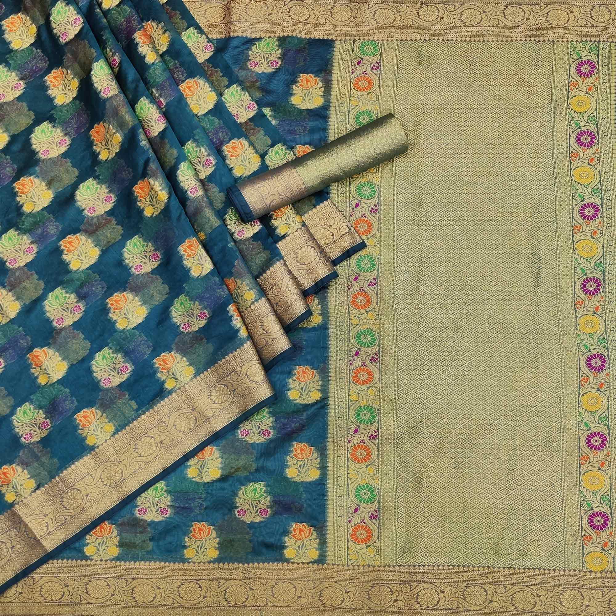 Blue Woven Organza Saree - Peachmode
