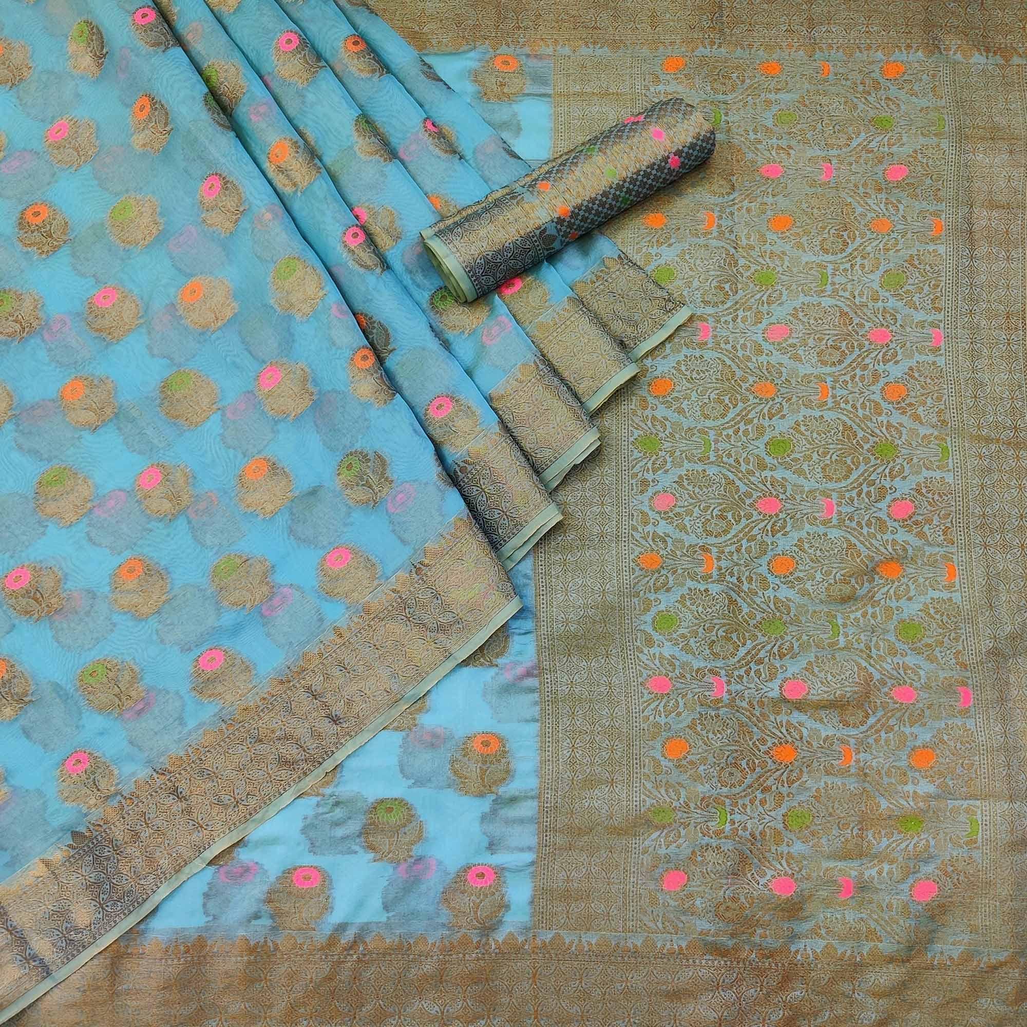 Blue Woven Organza Saree - Peachmode