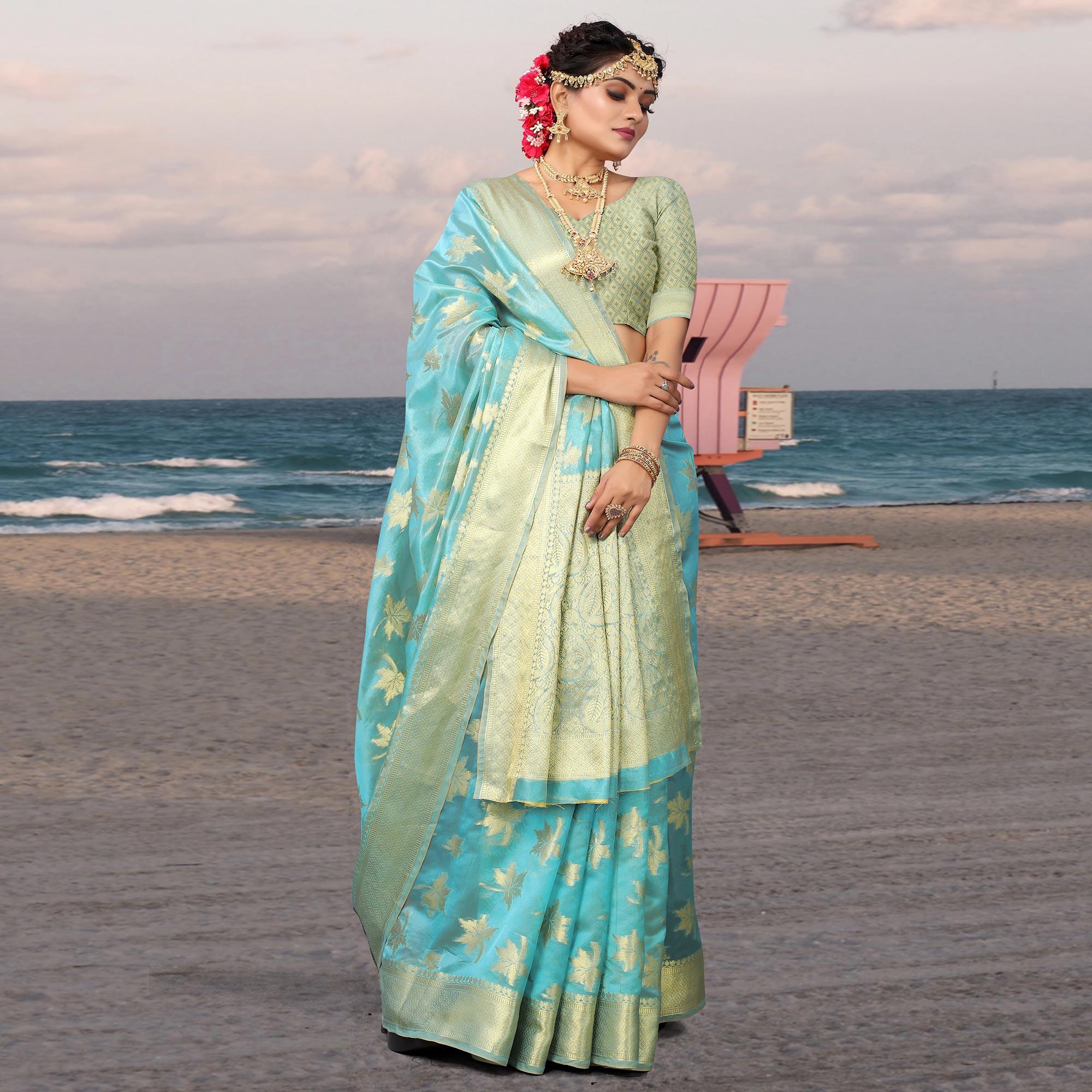 Blue Woven Organza Saree - Peachmode