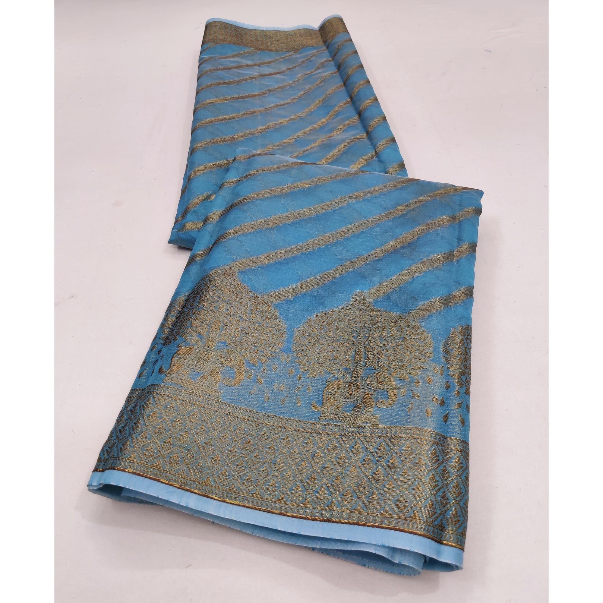 Blue Woven Organza Saree - Peachmode