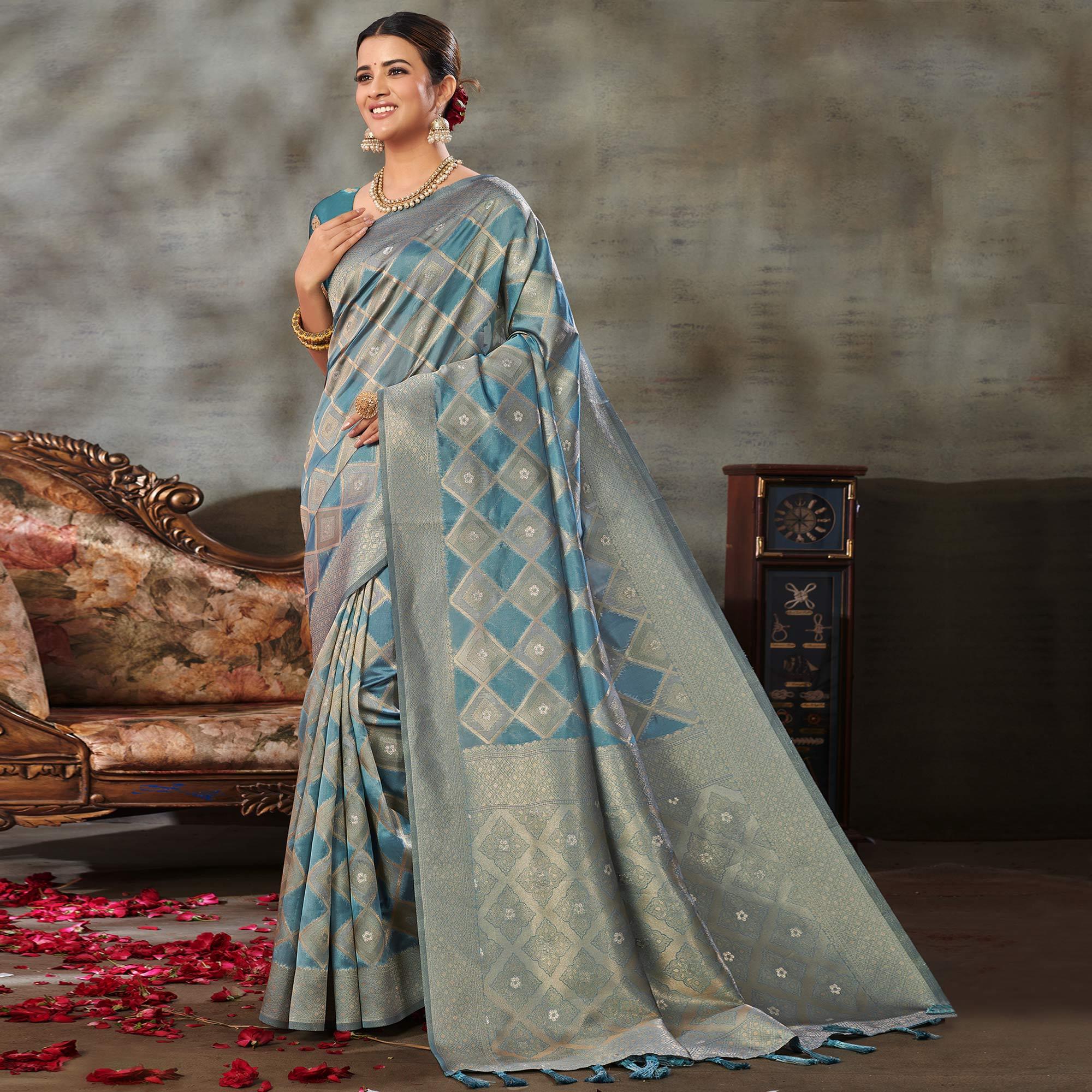 Blue Woven Organza Saree With Tassels - Peachmode