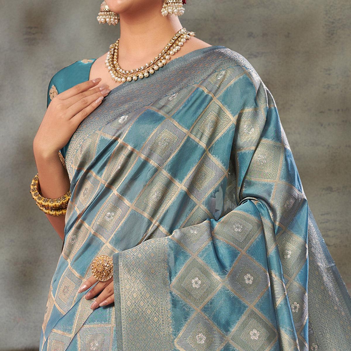 Blue Woven Organza Saree With Tassels - Peachmode