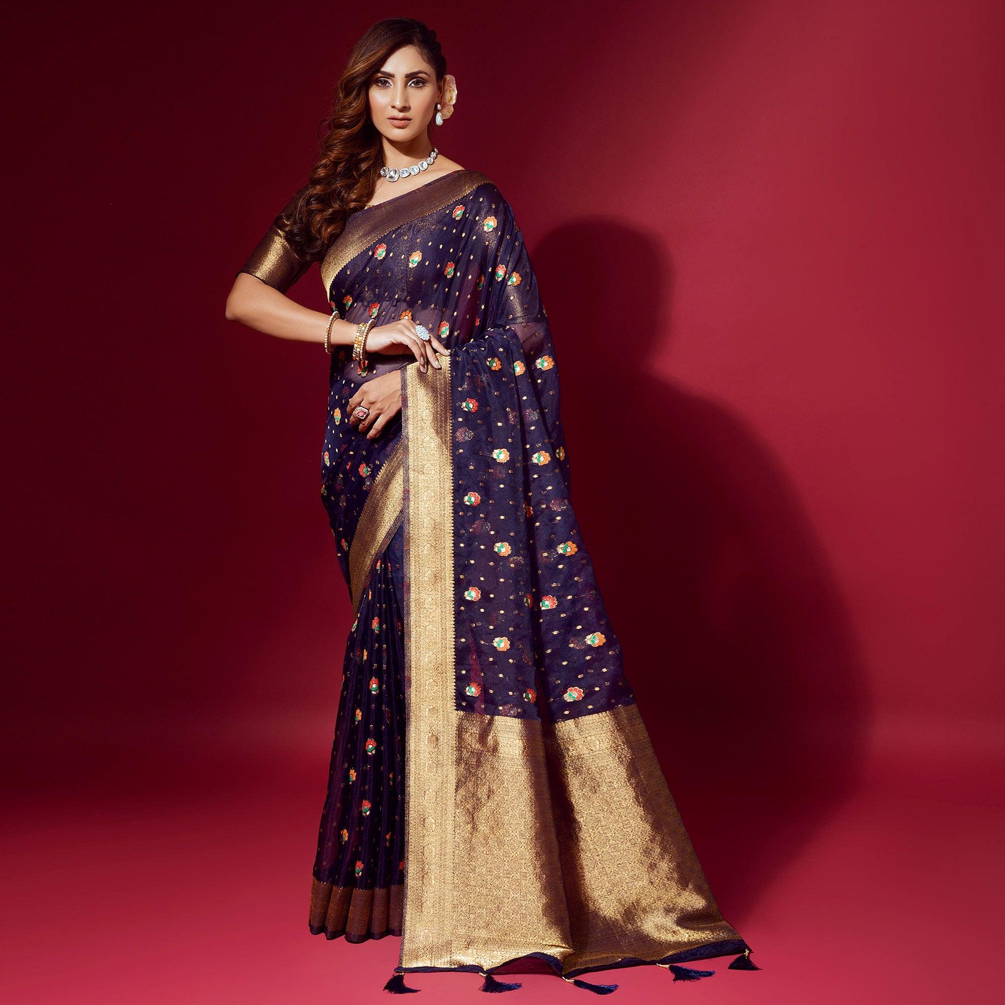 Blue Woven Organza Saree With Tassels - Peachmode