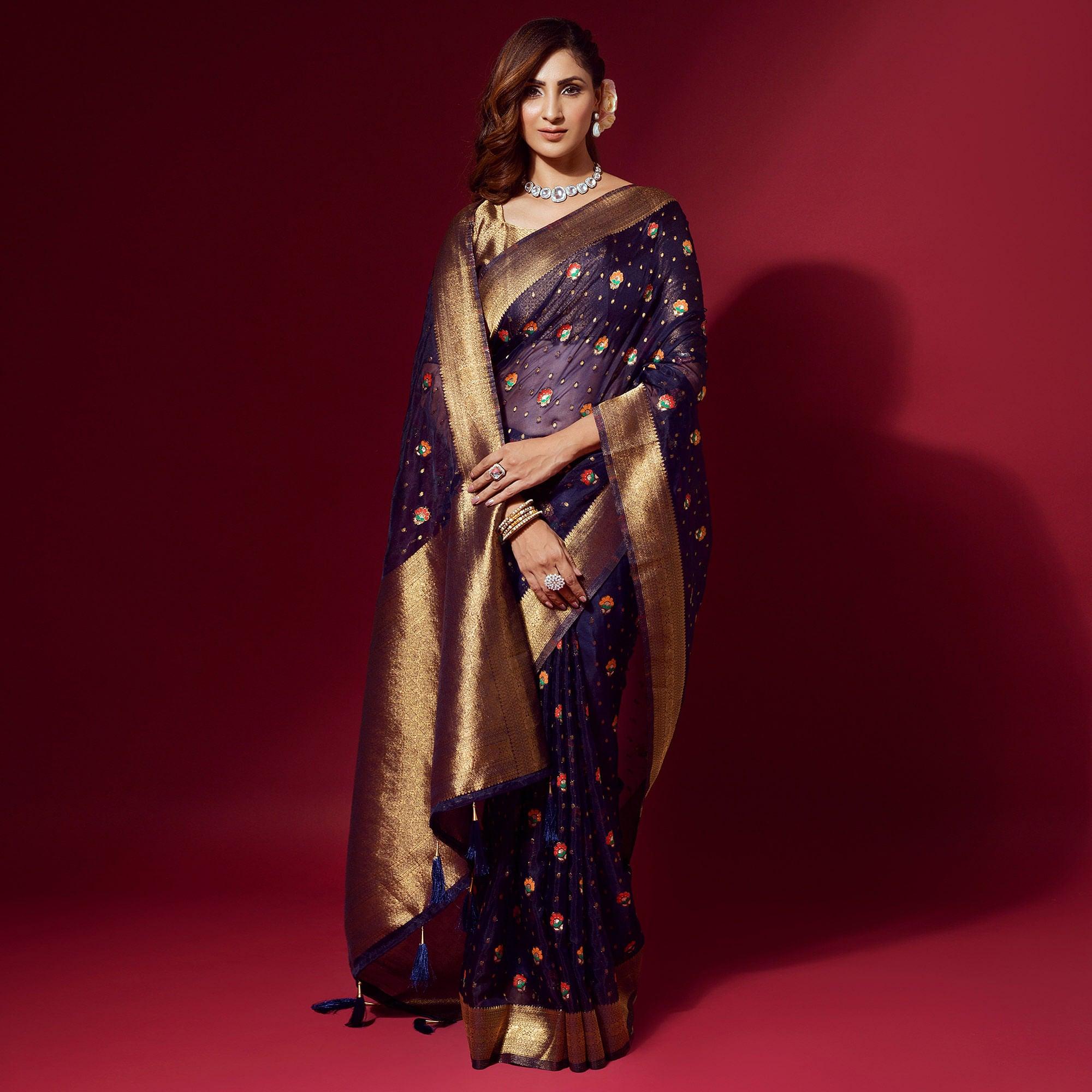 Blue Woven Organza Saree With Tassels - Peachmode