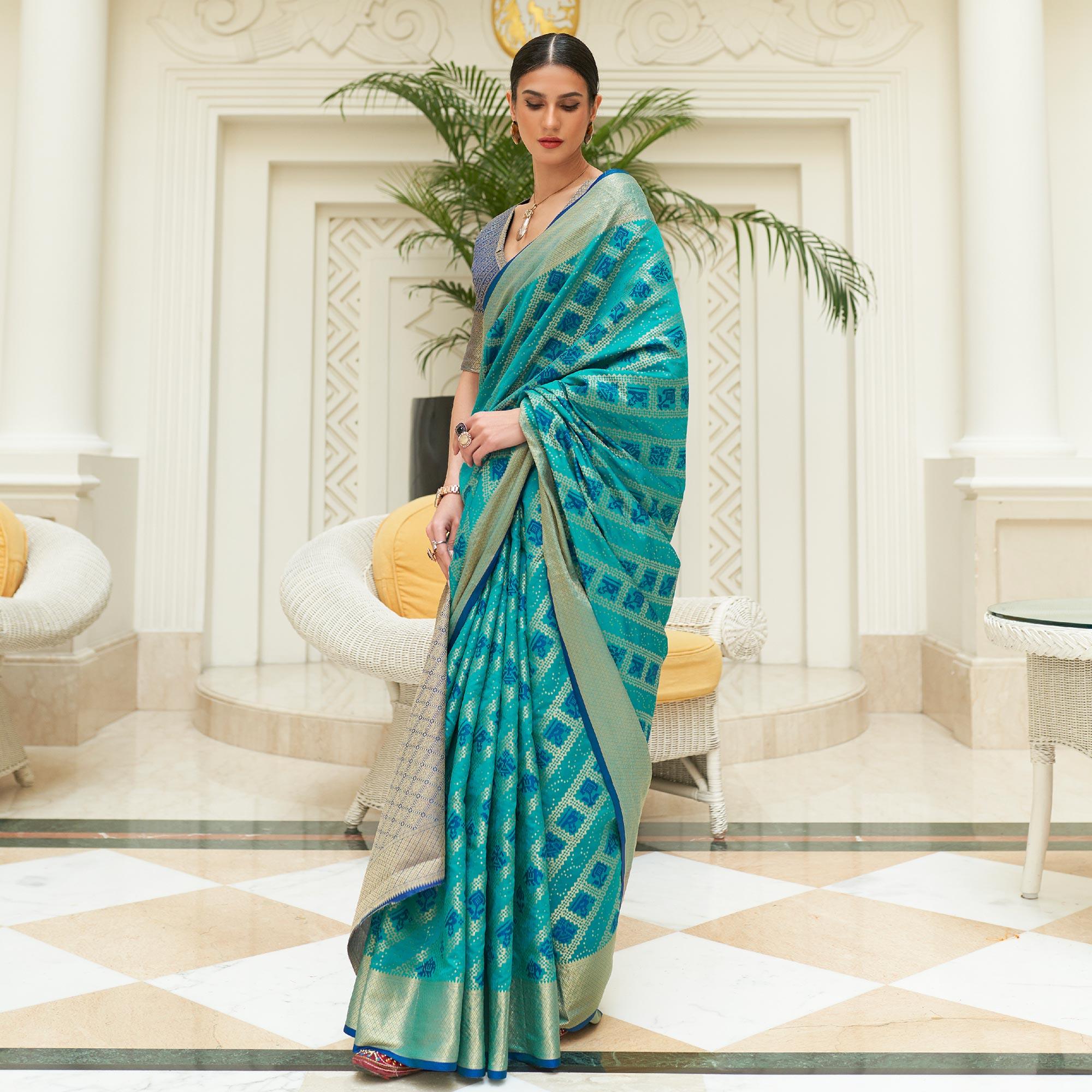 Blue Woven Patola Silk Saree - Peachmode