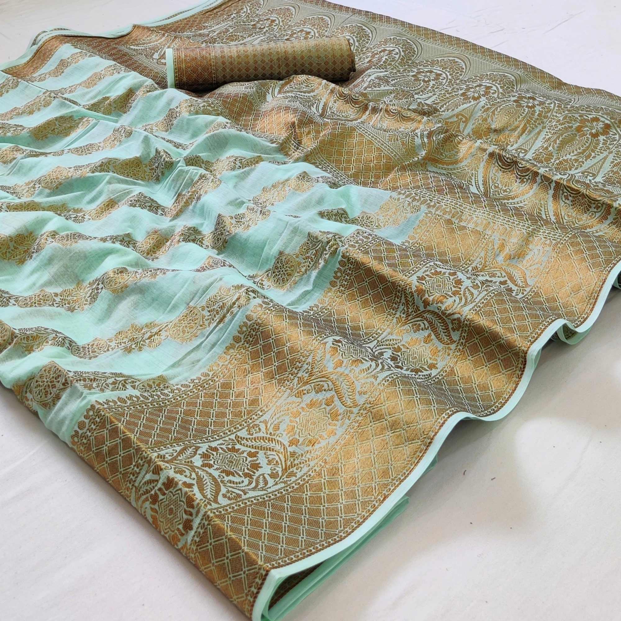 Blue Woven Poly Cotton Saree - Peachmode