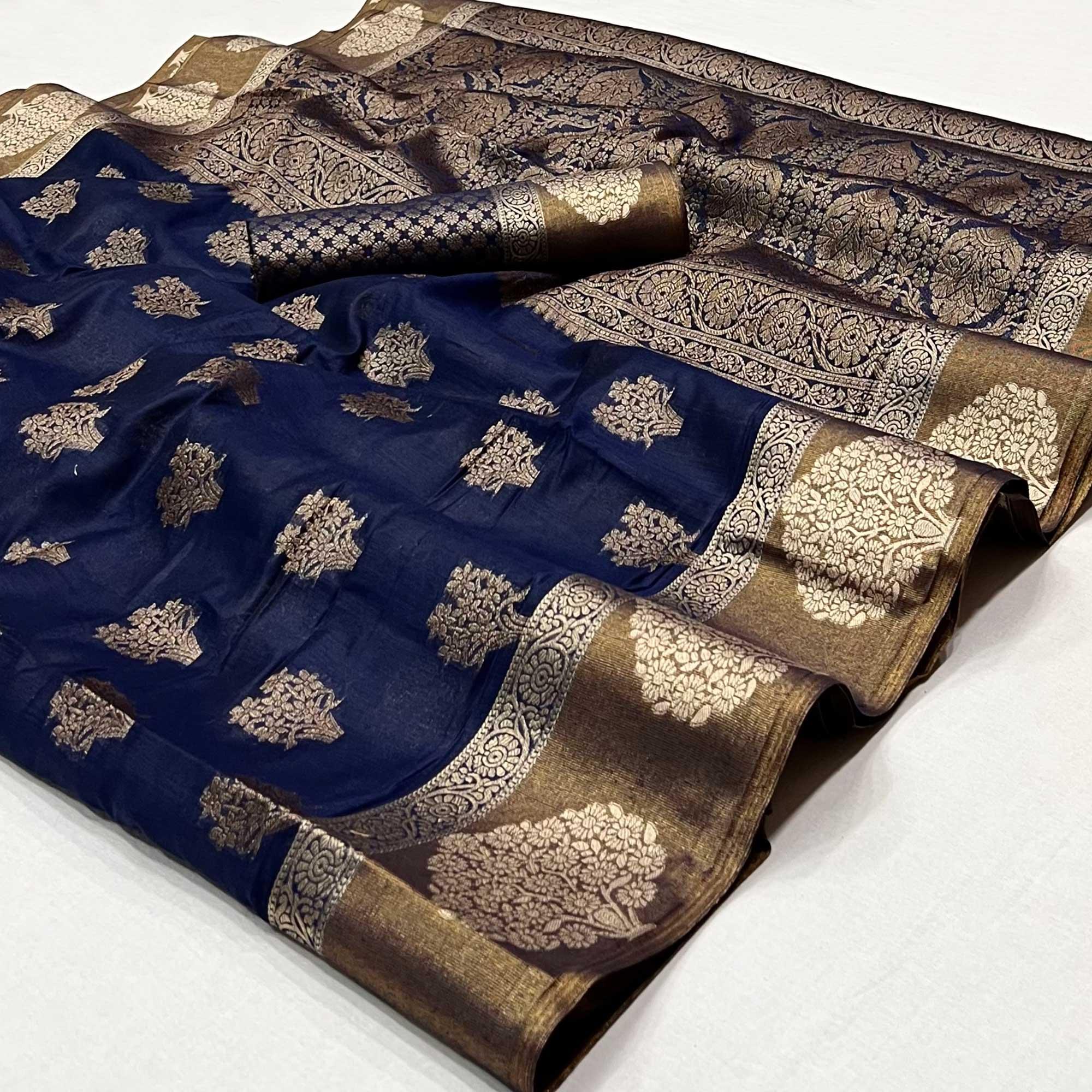 Blue Woven Poly Cotton Saree - Peachmode