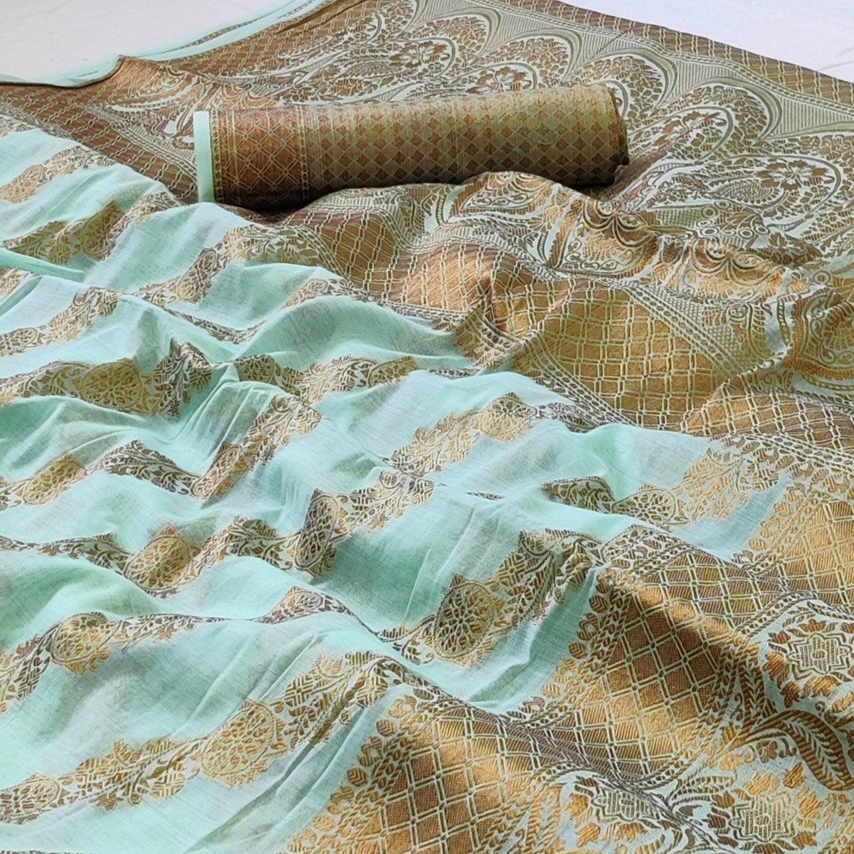 Blue Woven Poly Cotton Saree - Peachmode