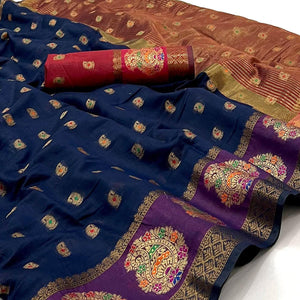 Blue Woven Poly Cotton Saree - Peachmode