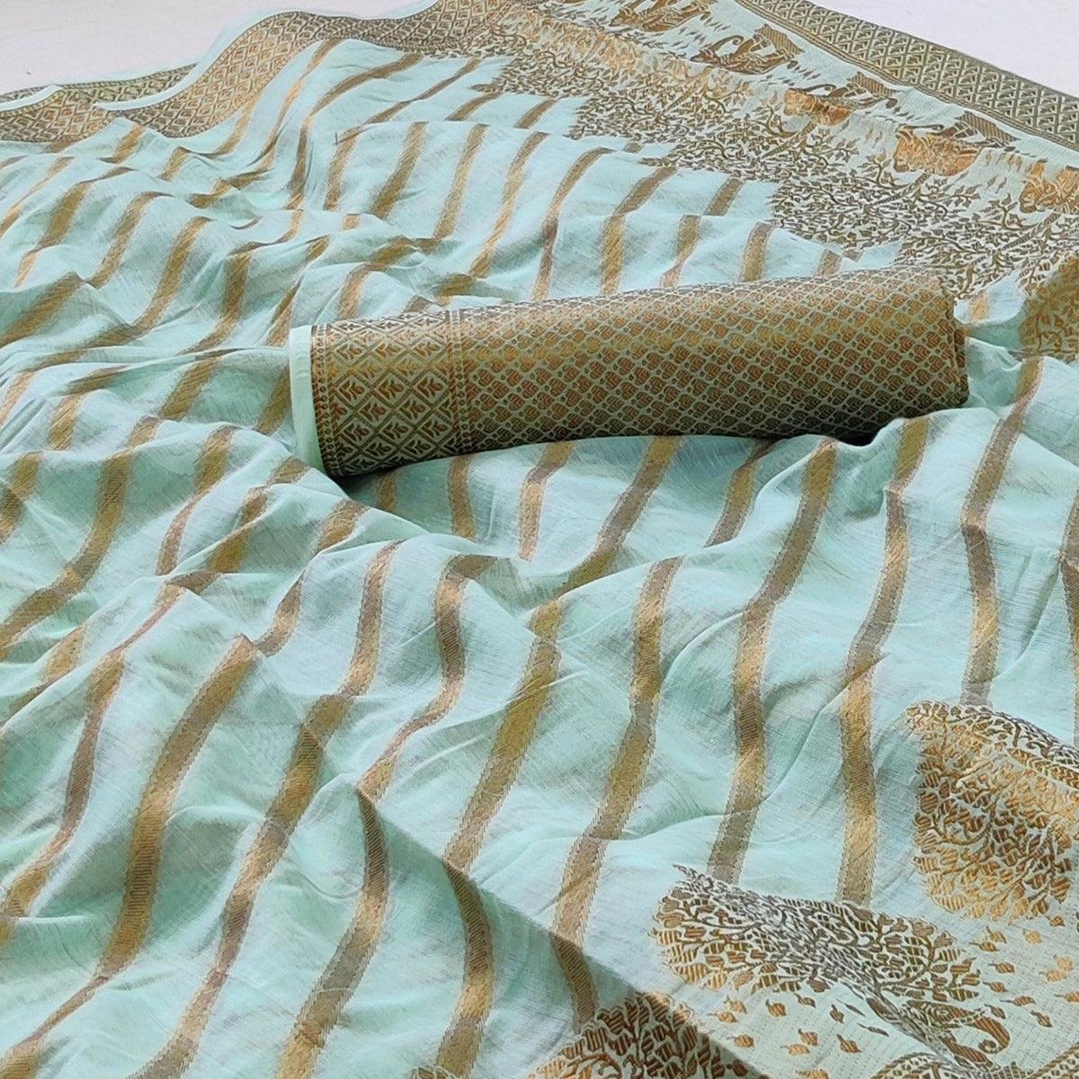 Blue Woven Poly Cotton Saree - Peachmode