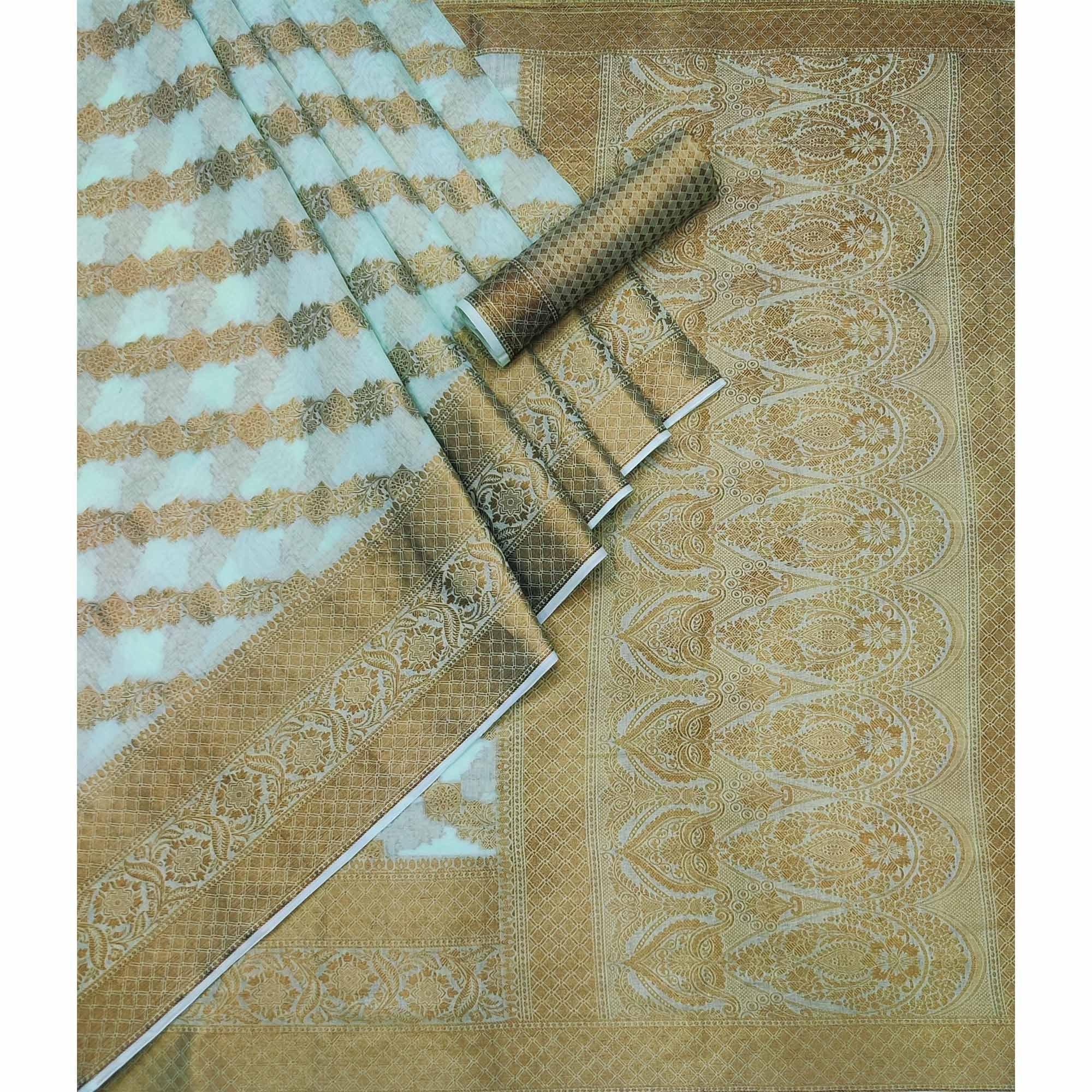 Blue Woven Poly Cotton Saree - Peachmode