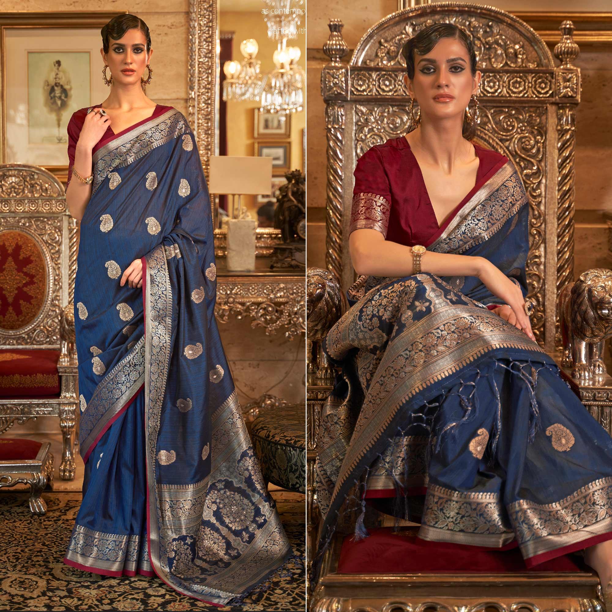 Blue Woven Pure Silk Saree - Peachmode