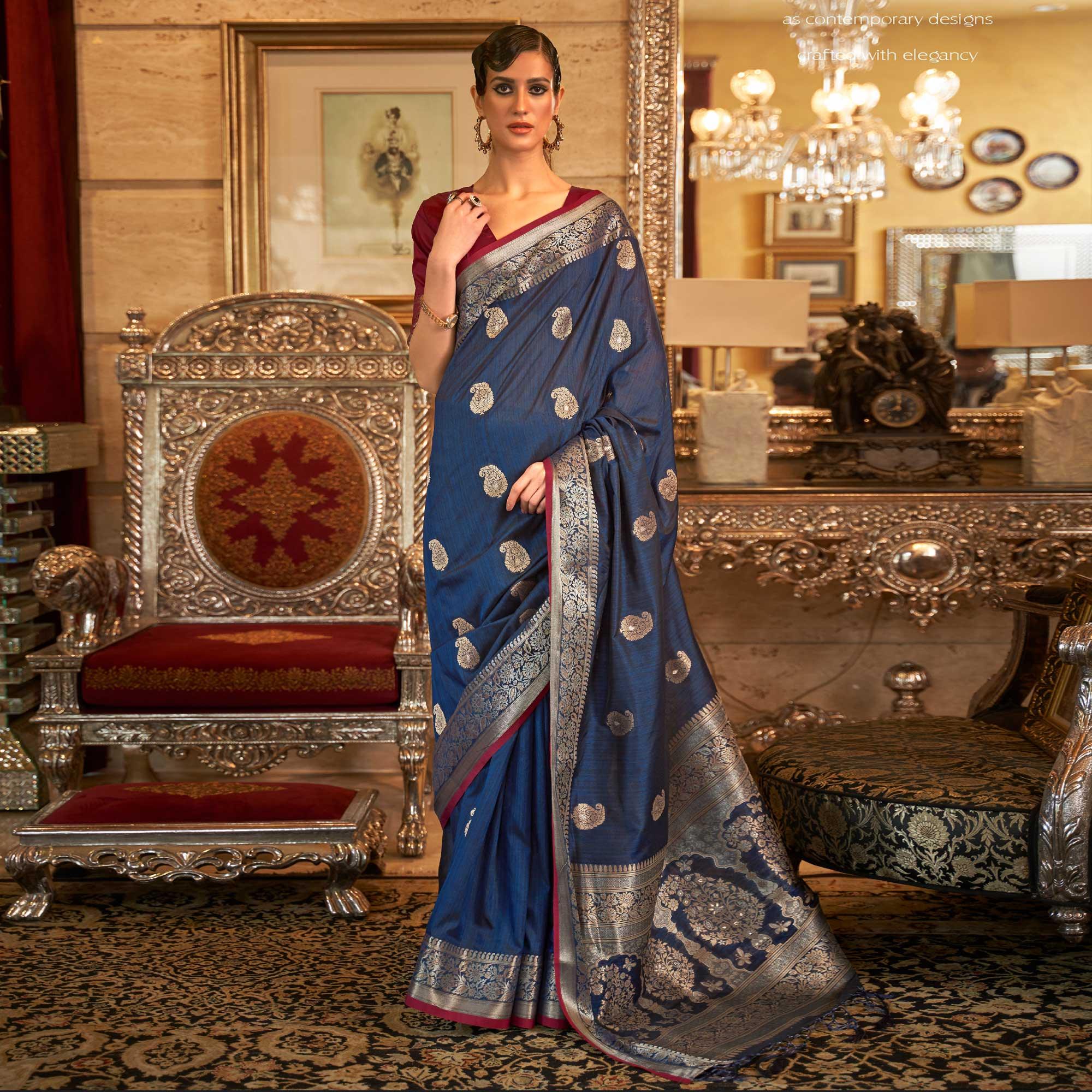 Blue Woven Pure Silk Saree - Peachmode