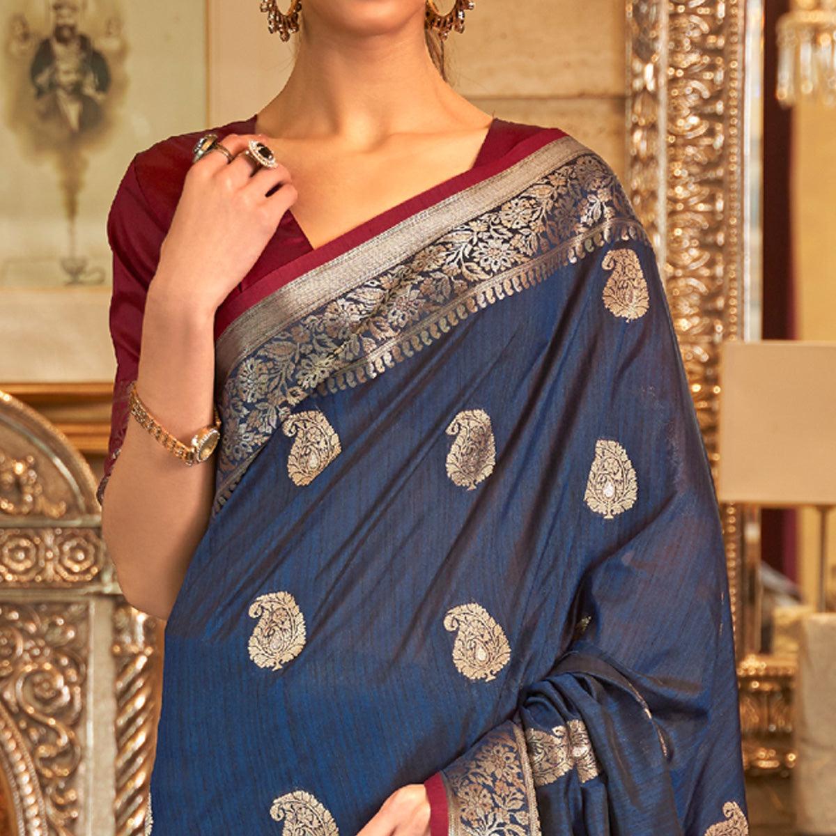 Blue Woven Pure Silk Saree - Peachmode