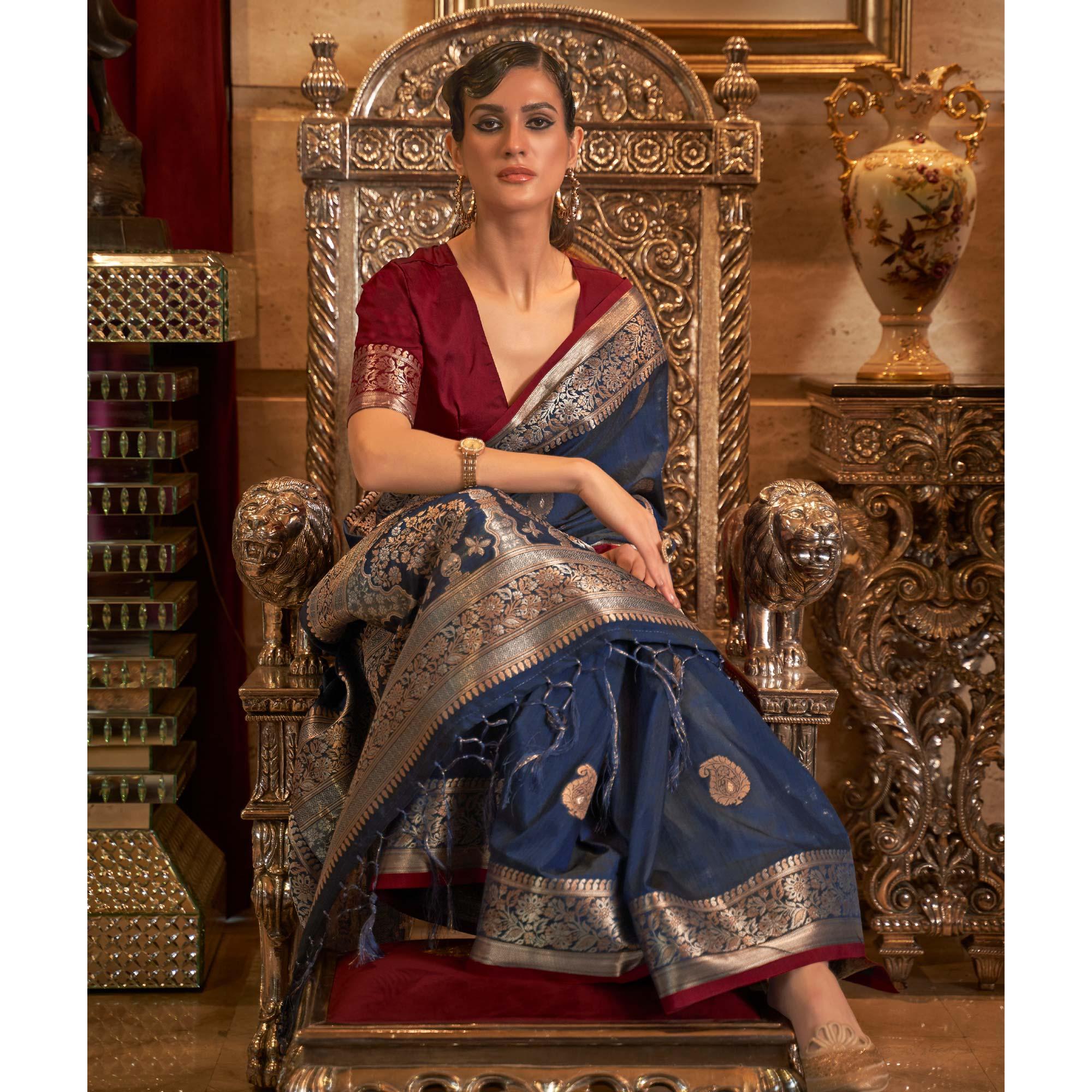 Blue Woven Pure Silk Saree - Peachmode