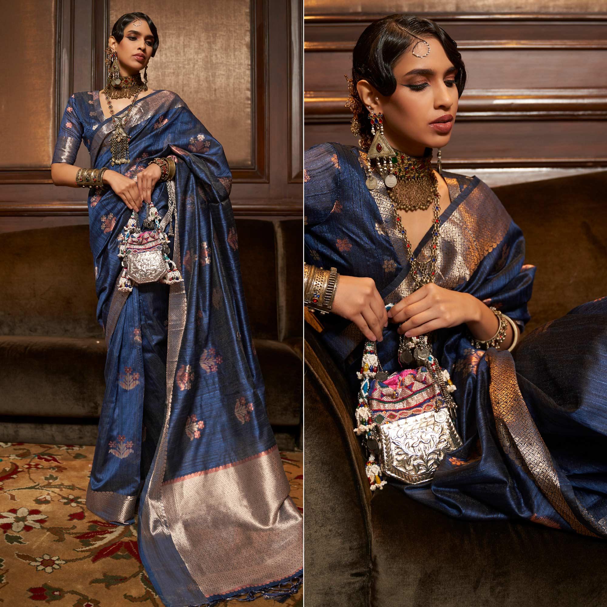 Blue Woven Pure Silk Saree With Tassels - Peachmode
