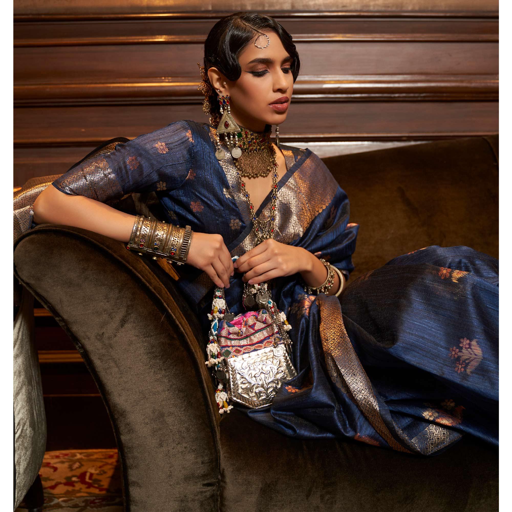 Blue Woven Pure Silk Saree With Tassels - Peachmode