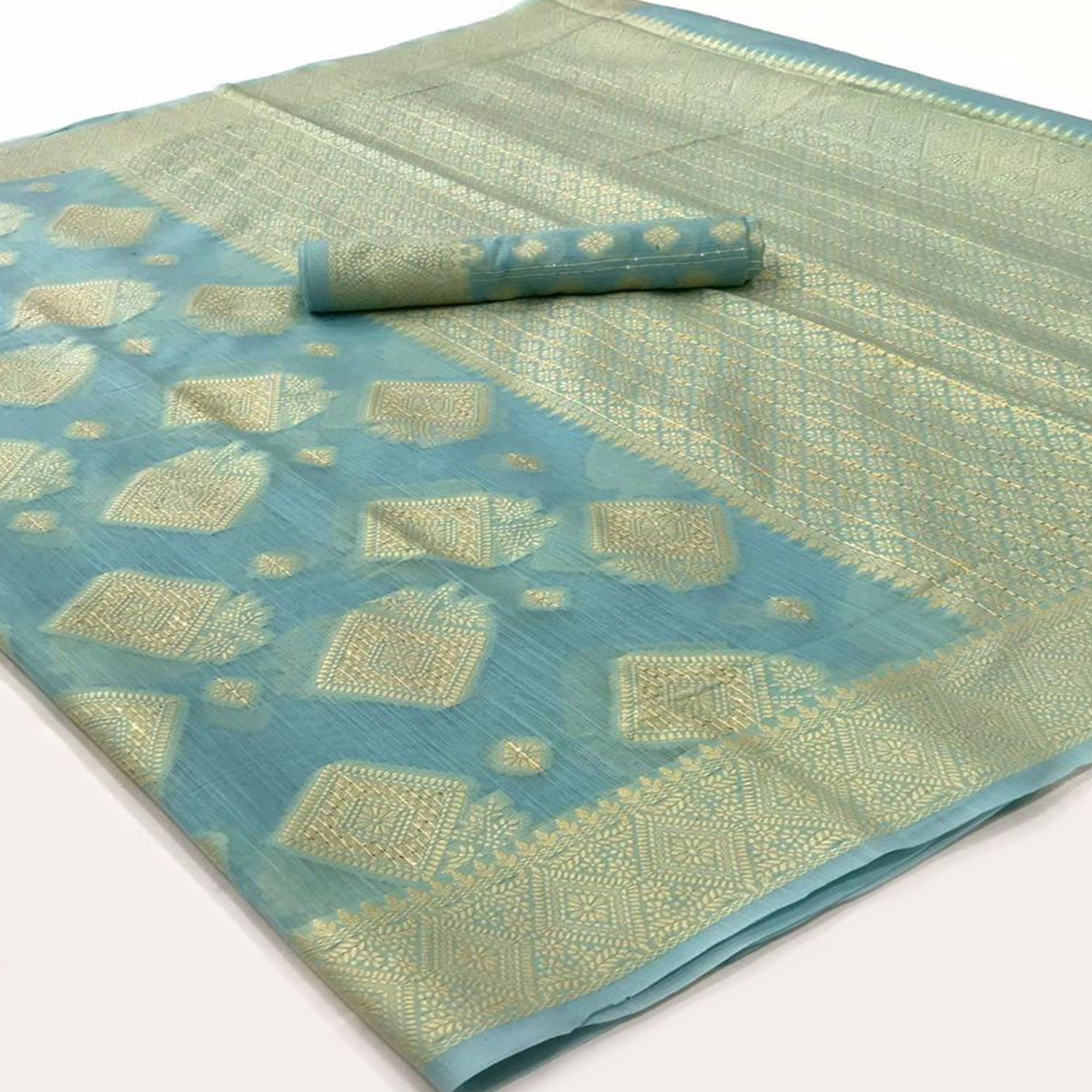 Blue Woven-Sequence Handloom Silk Saree - Peachmode
