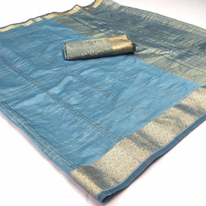 Blue Woven-Sequins Work Chanderi Saree - Peachmode