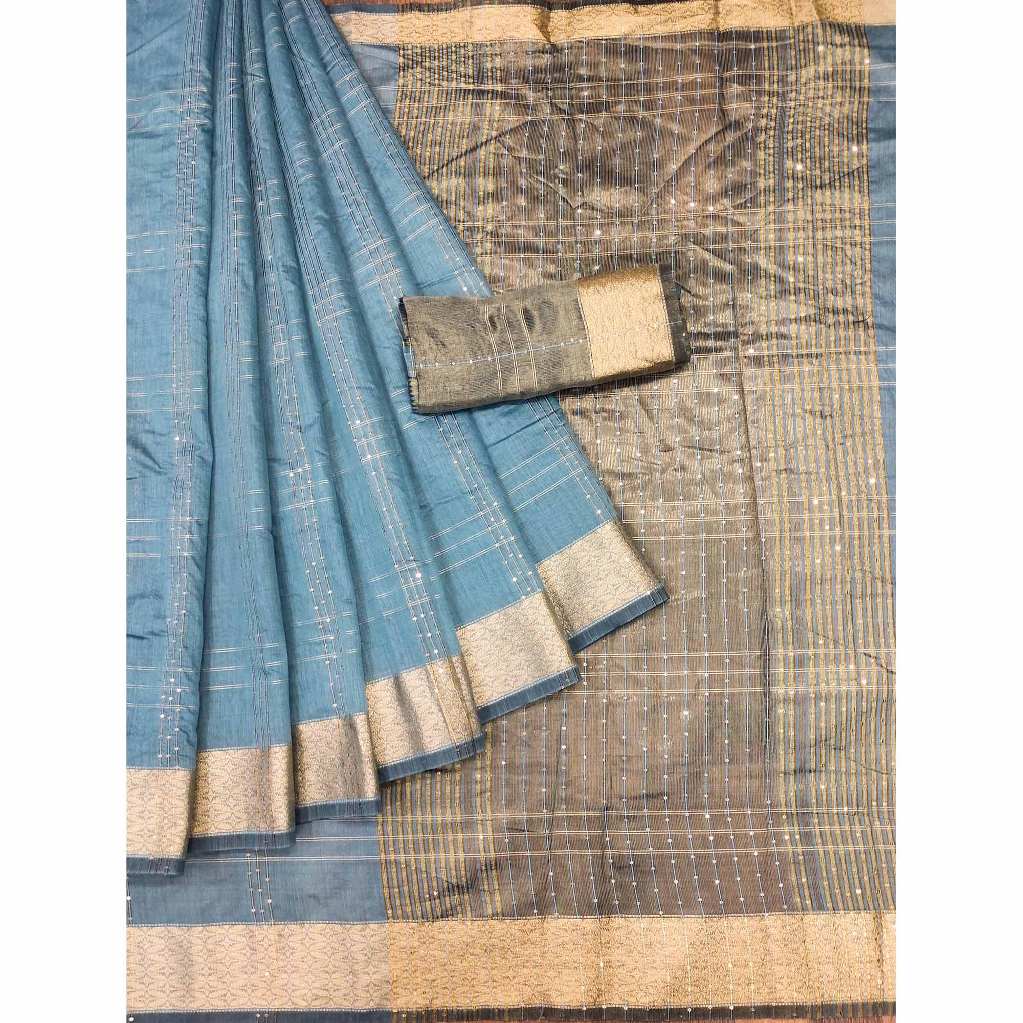 Blue Woven-Sequins Work Chanderi Saree - Peachmode