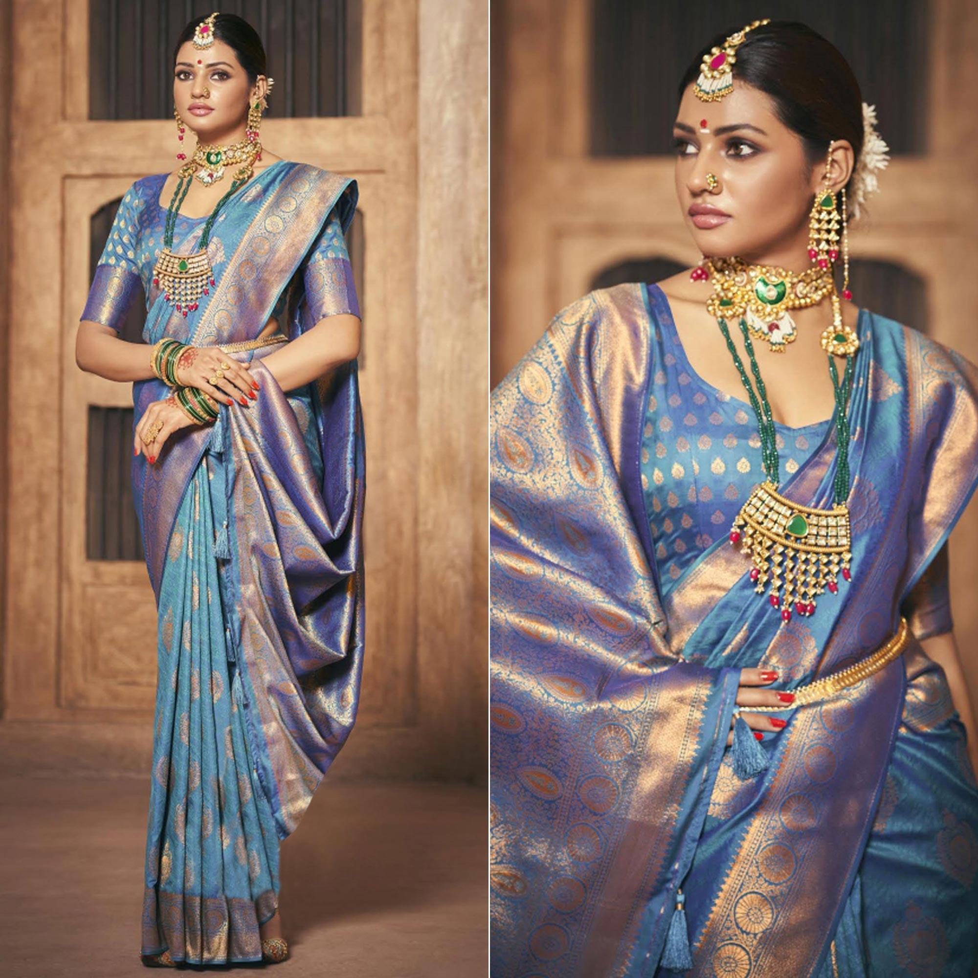 Blue Woven Silk Saree With Tassels - Peachmode