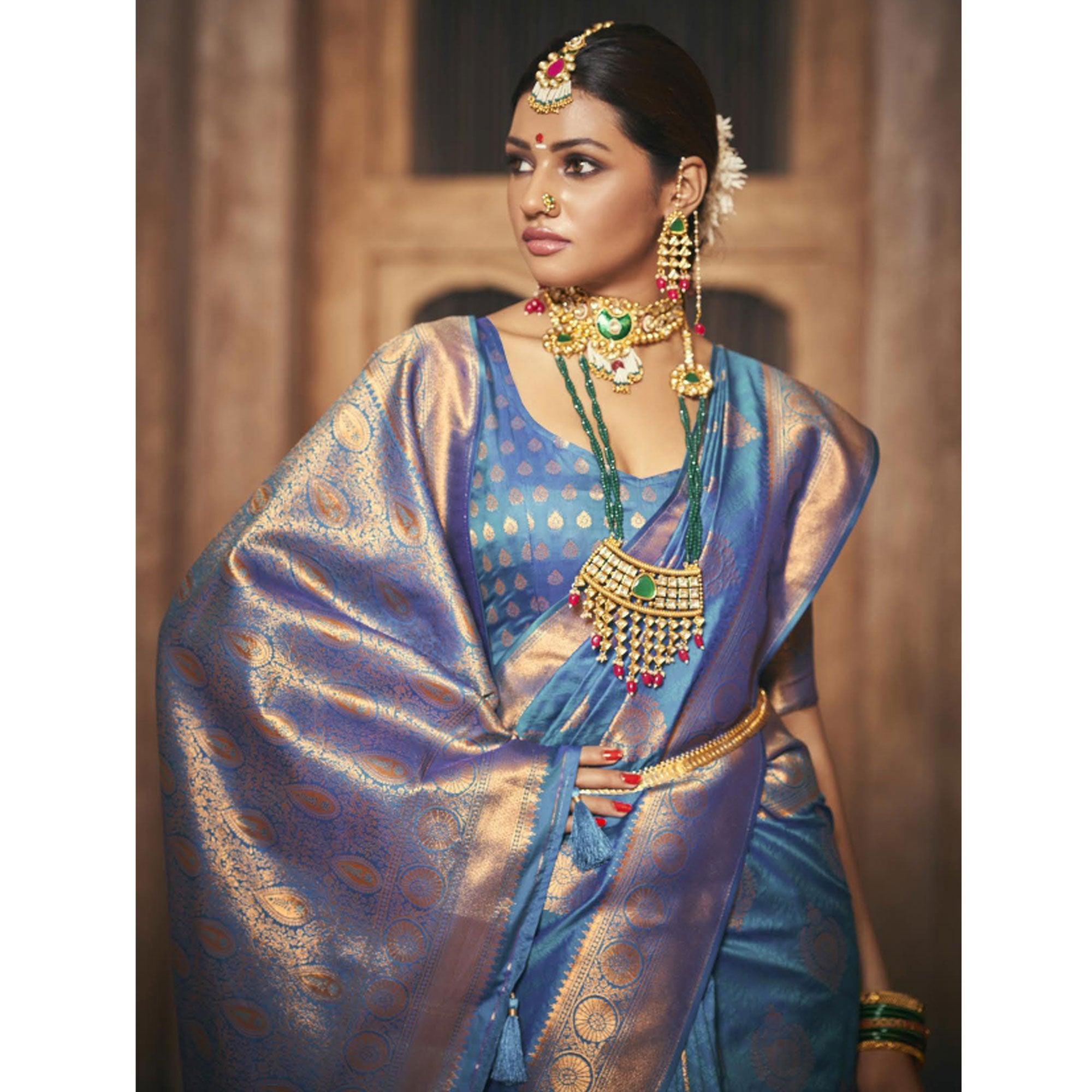 Blue Woven Silk Saree With Tassels - Peachmode
