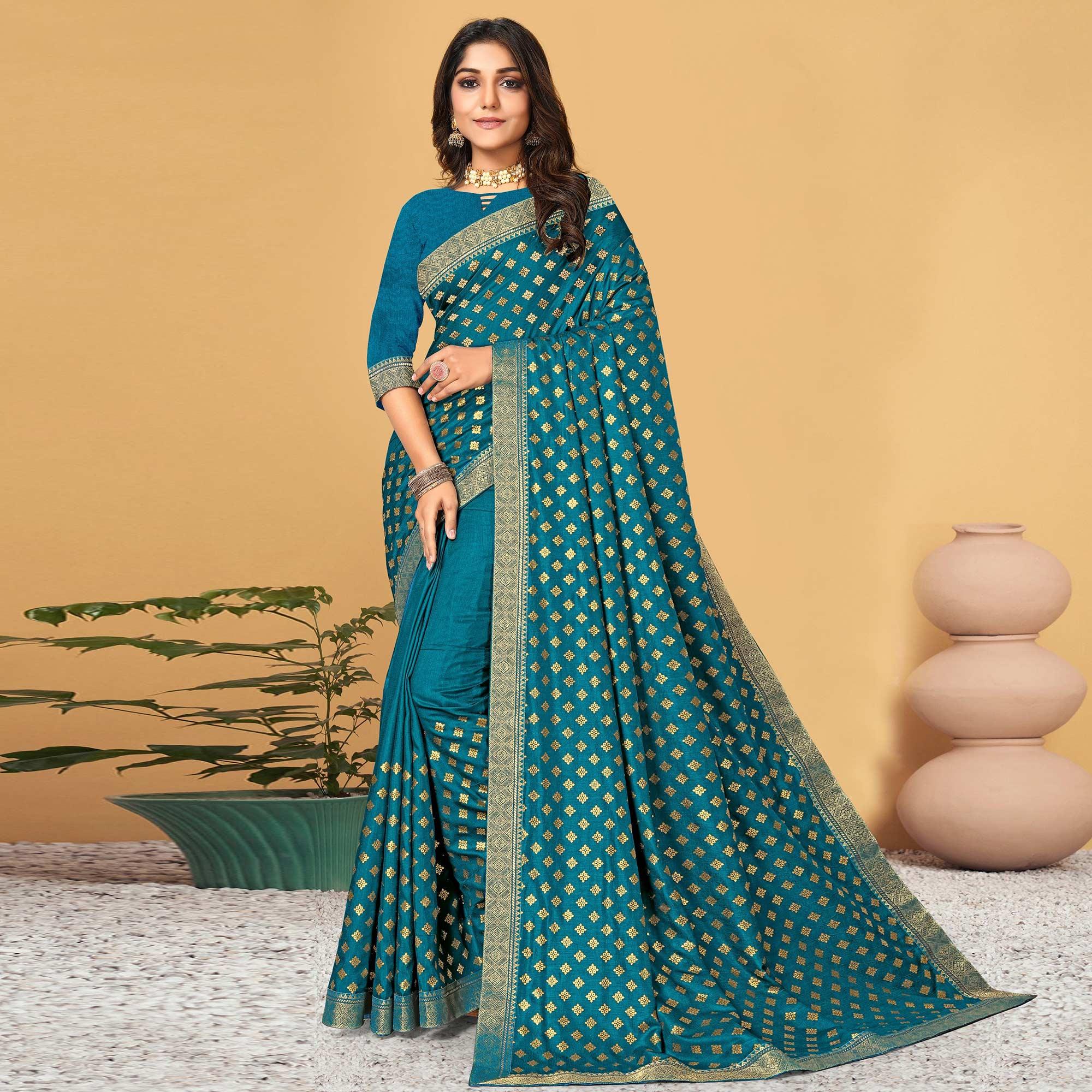 Blue Woven Vichitra Silk Saree - Peachmode