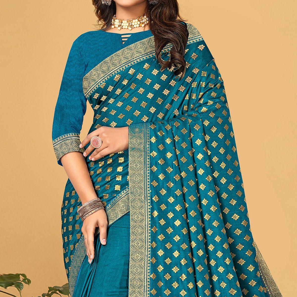 Blue Woven Vichitra Silk Saree - Peachmode