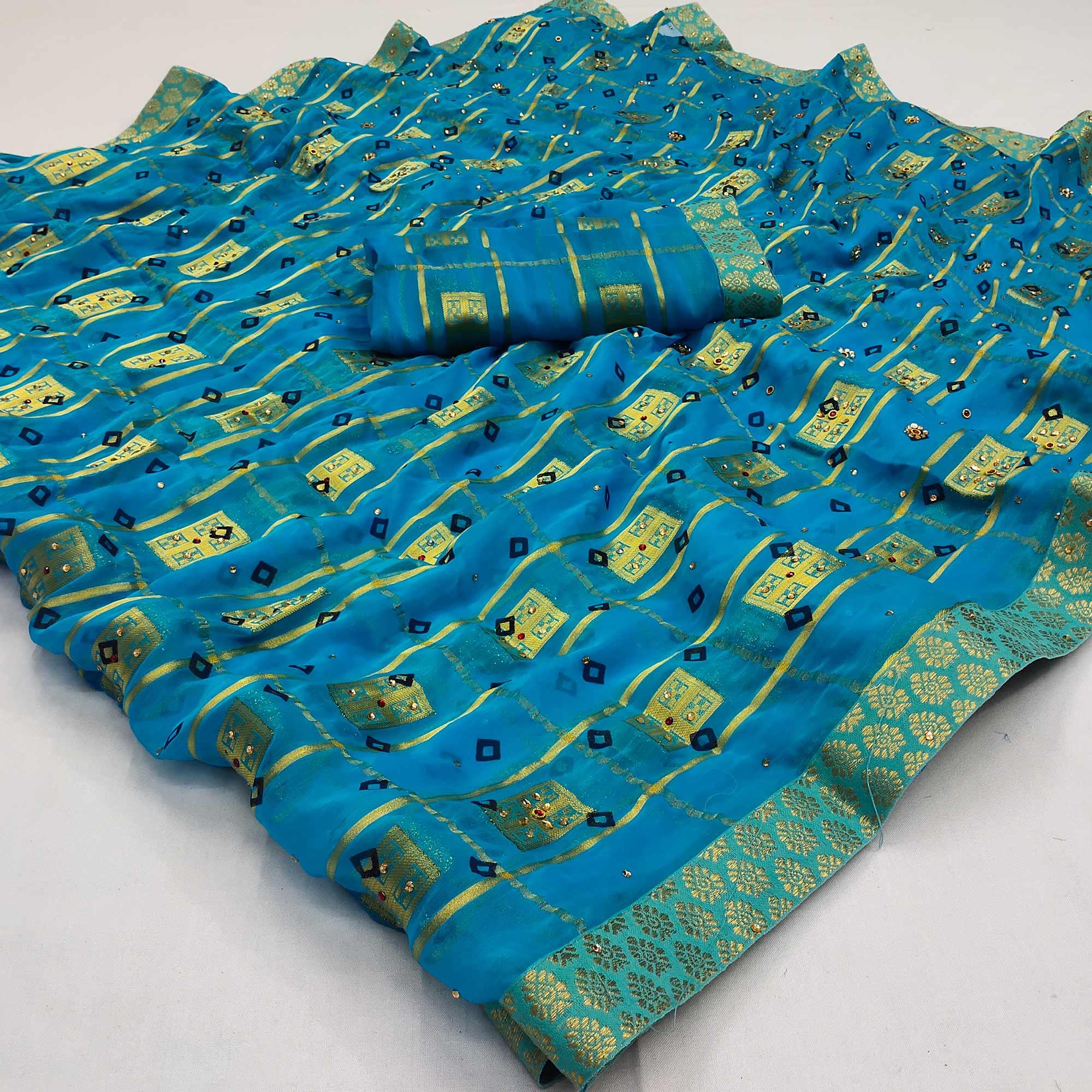 Blue Woven With Embellished Chiffon Saree - Peachmode