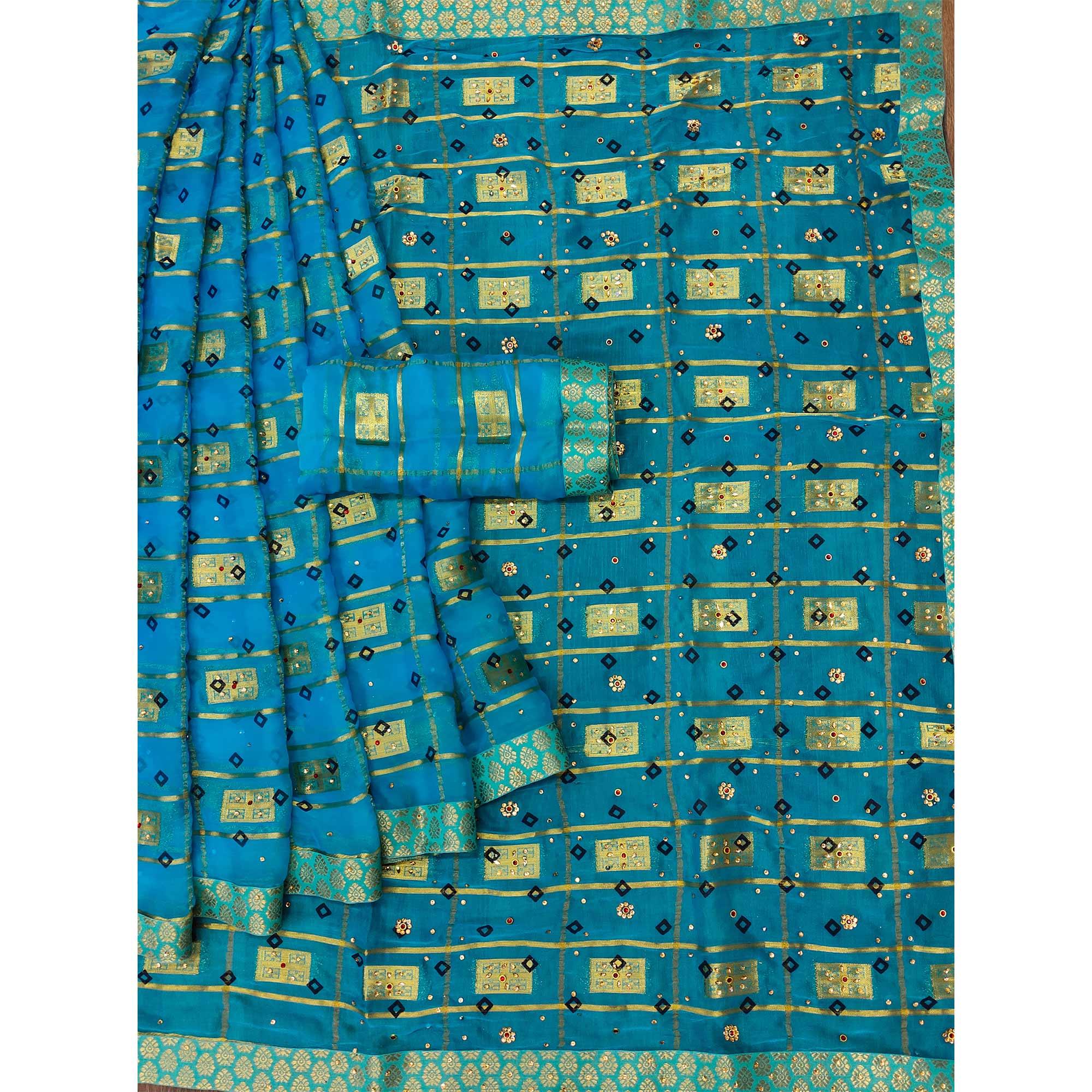 Blue Woven With Embellished Chiffon Saree - Peachmode