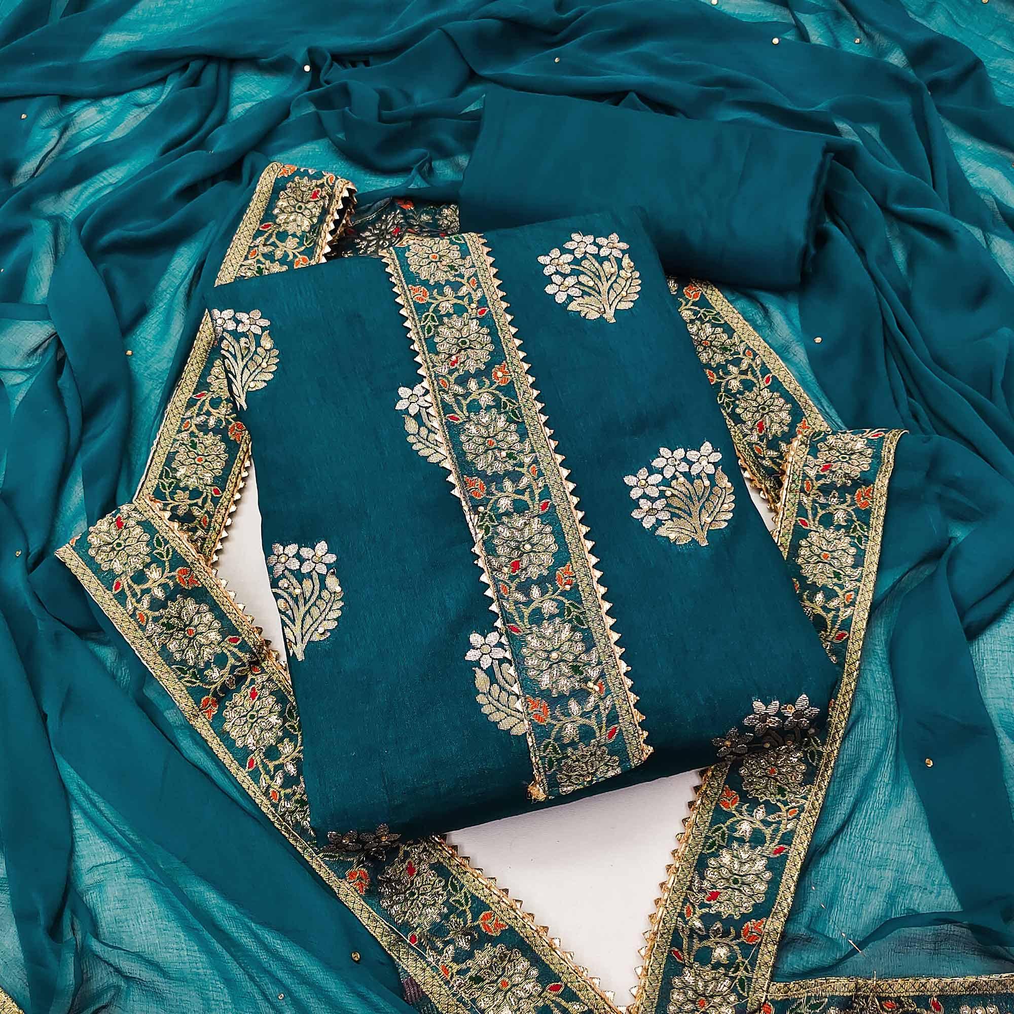Blue Woven With Embellished Jacquard Dress Material - Peachmode