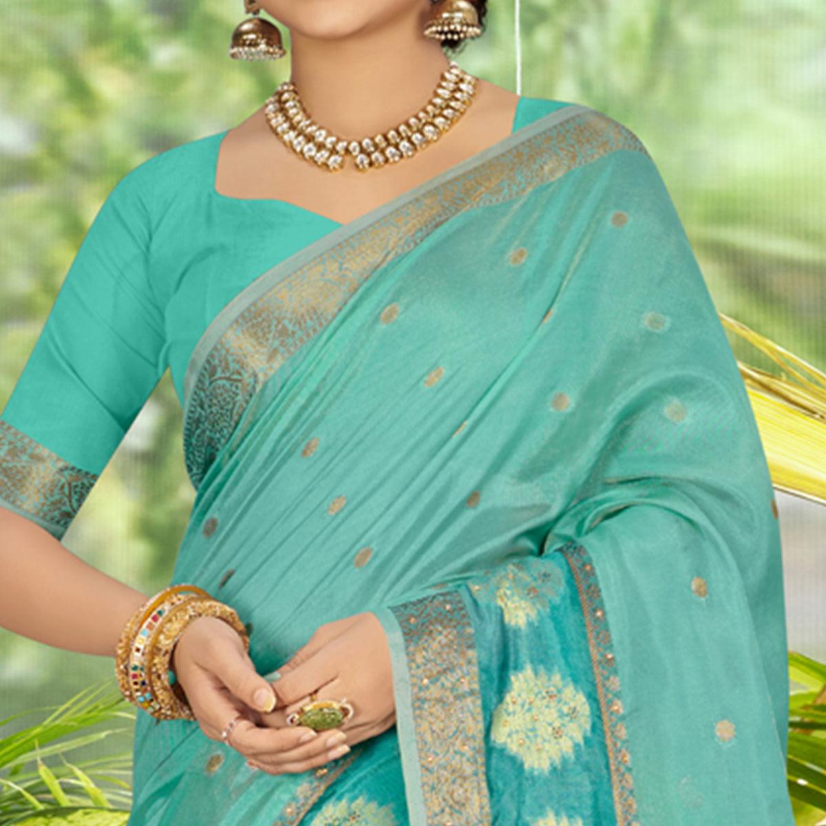 Blue Woven With Embellished Organza Saree With Tassels - Peachmode