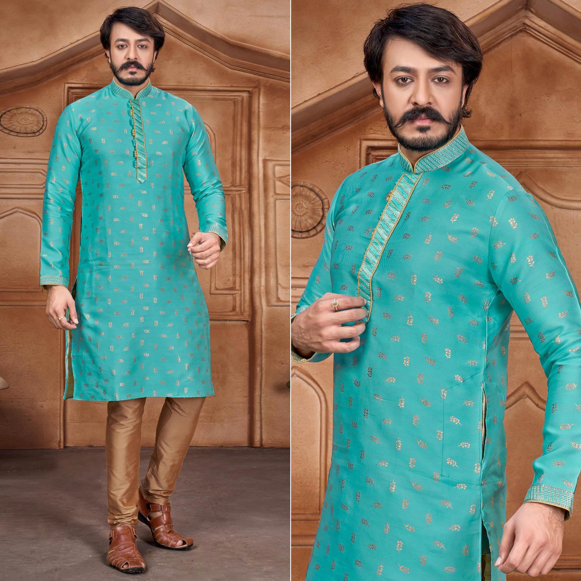 Blue Woven With Embroidered Art Silk Kurta Pyjama Set - Peachmode