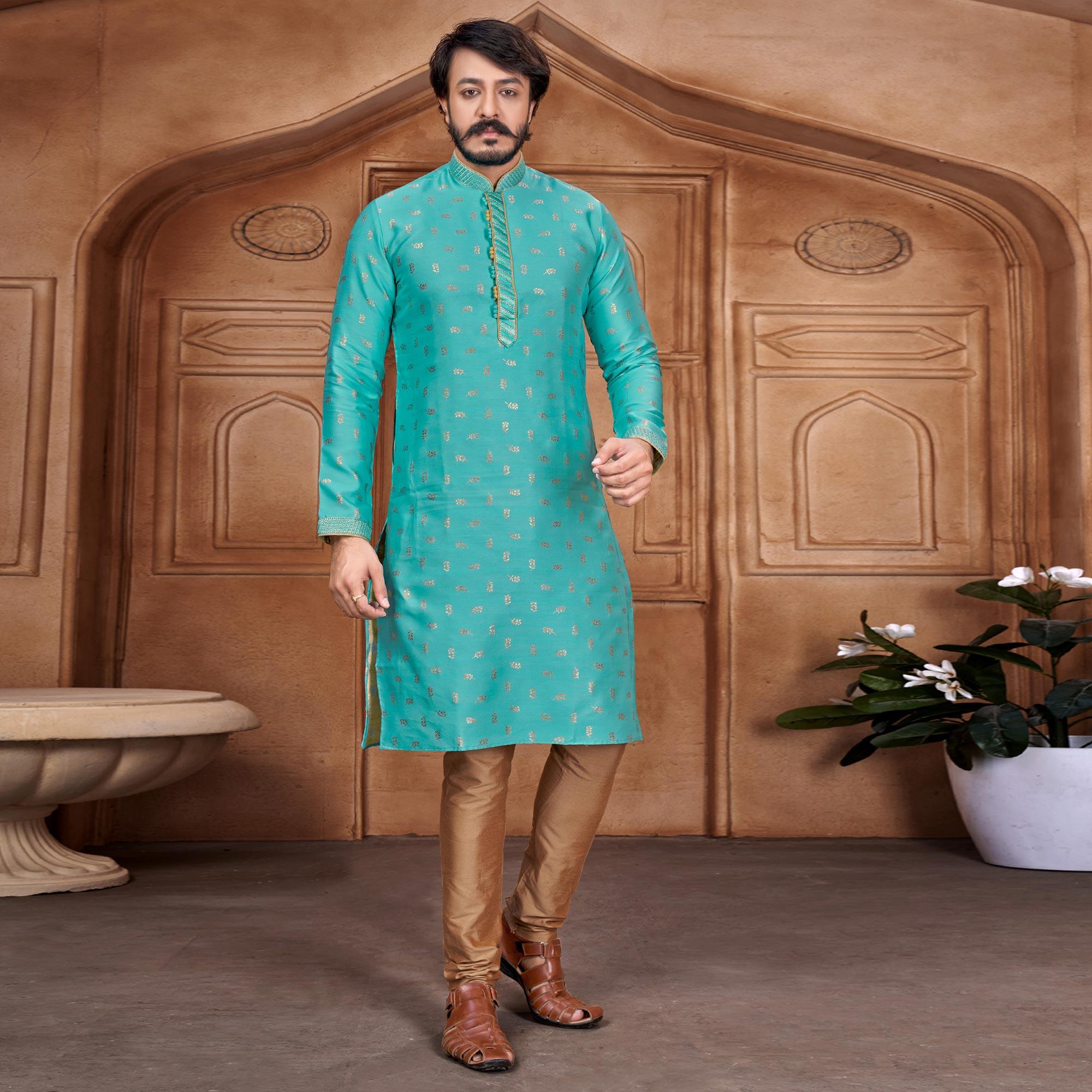 Blue Woven With Embroidered Art Silk Kurta Pyjama Set - Peachmode