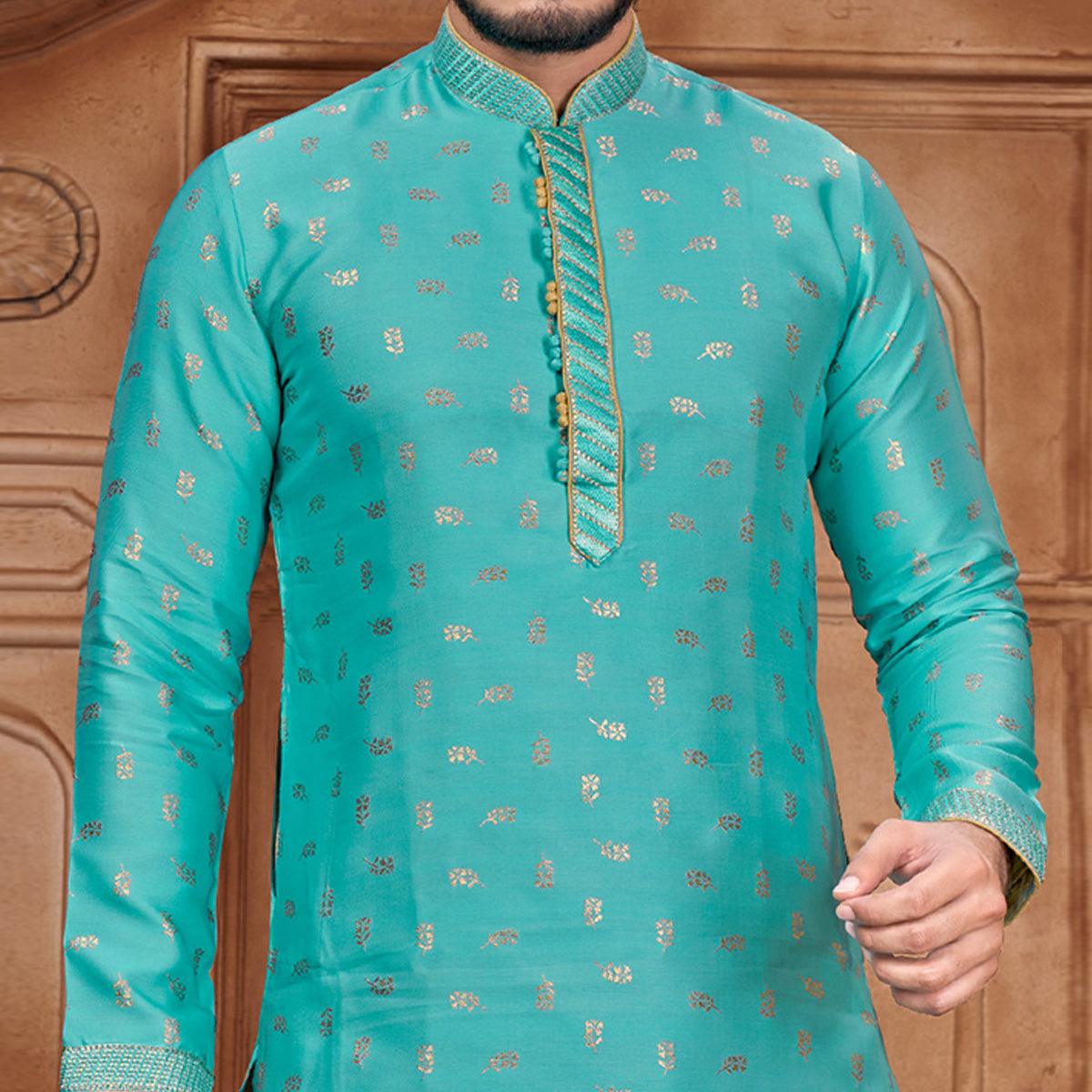 Blue Woven With Embroidered Art Silk Kurta Pyjama Set - Peachmode