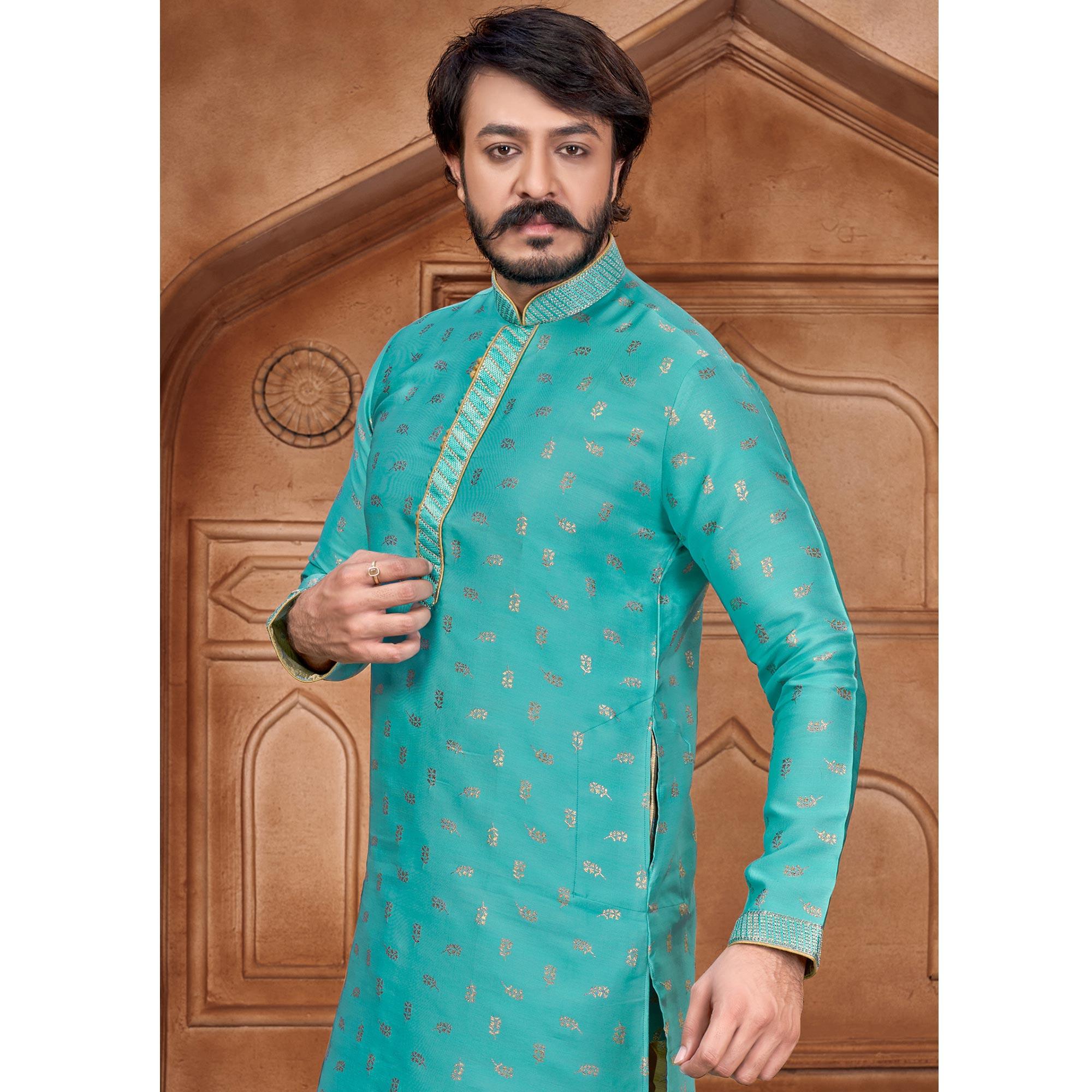 Blue Woven With Embroidered Art Silk Kurta Pyjama Set - Peachmode