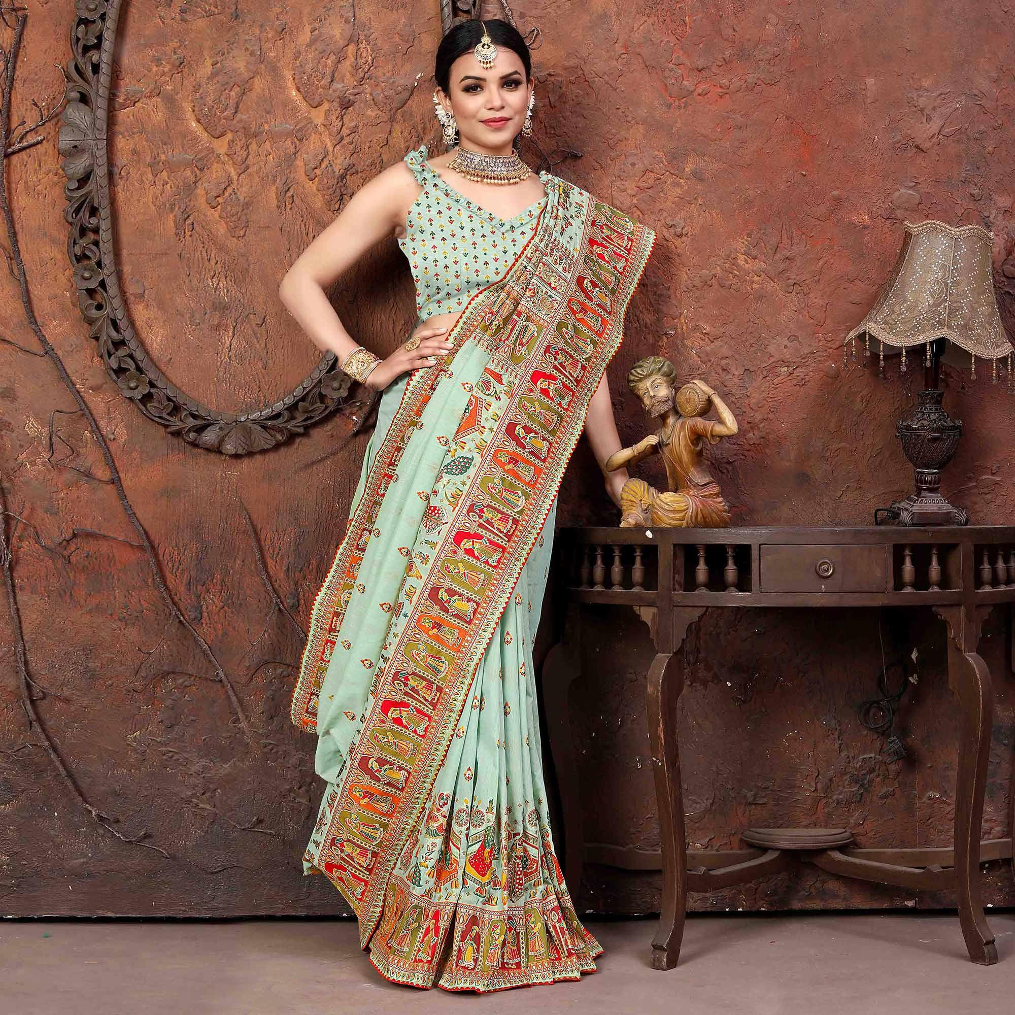 Blue Woven With Gota Patti Border Chanderi Saree - Peachmode
