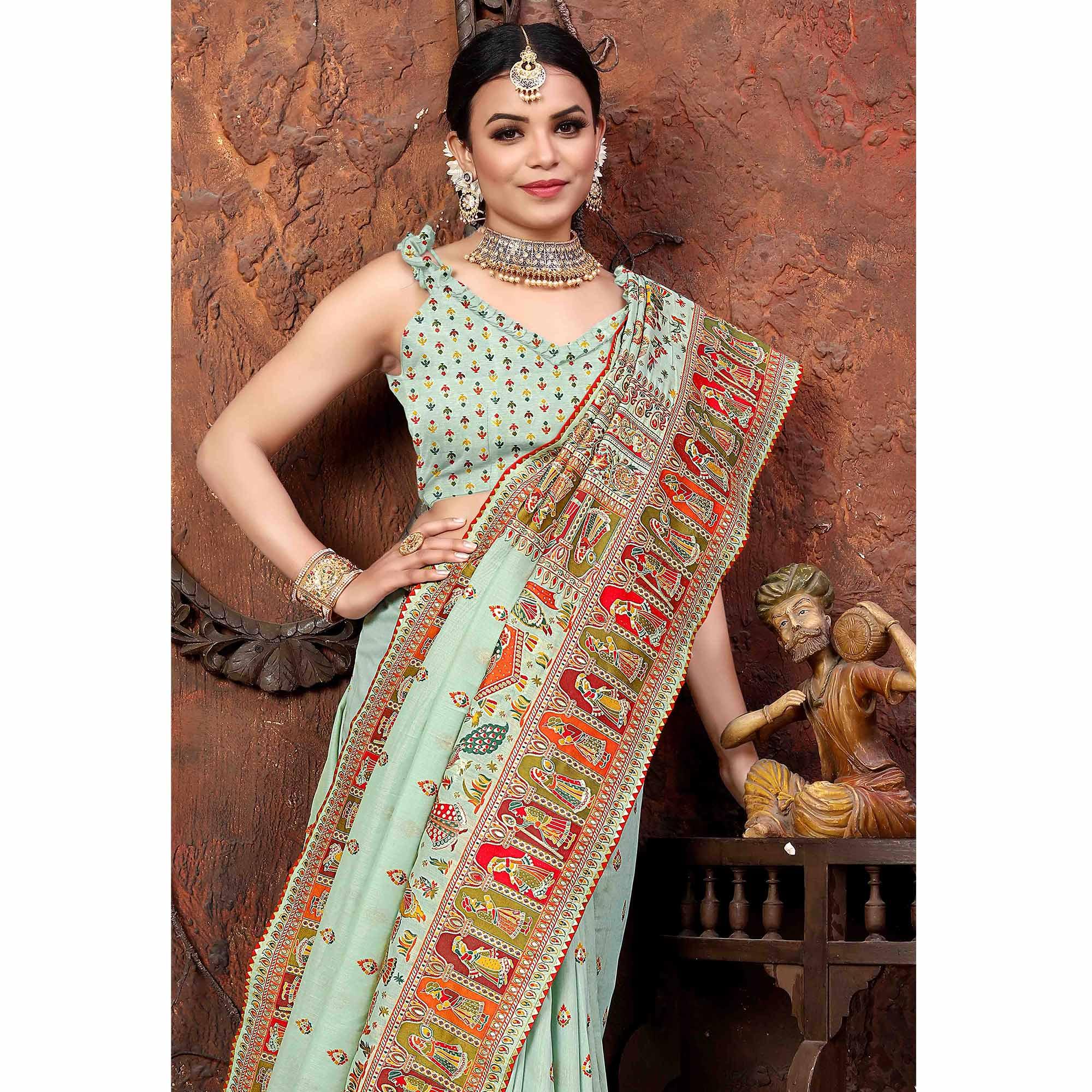 Blue Woven With Gota Patti Border Chanderi Saree - Peachmode