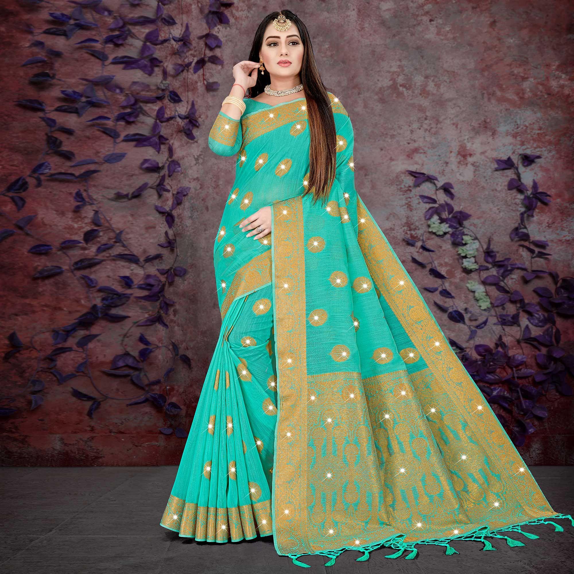 Blue Woven With Swarovski Cotton Silk Saree - Peachmode