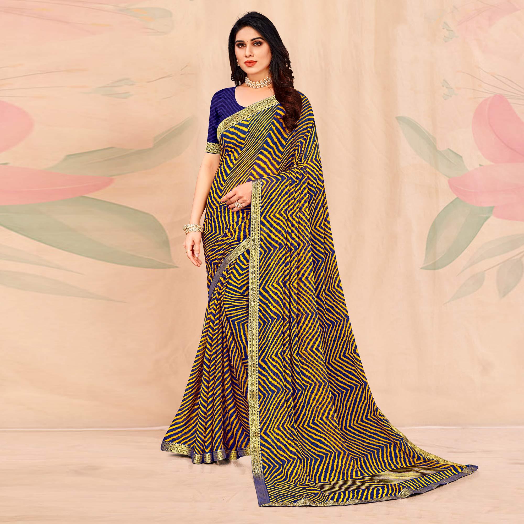Blue-Yellow Geometric Printed Chiffon Saree - Peachmode