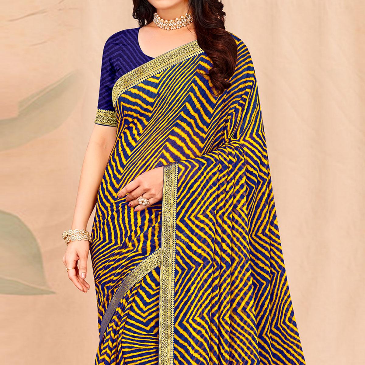 Blue-Yellow Geometric Printed Chiffon Saree - Peachmode
