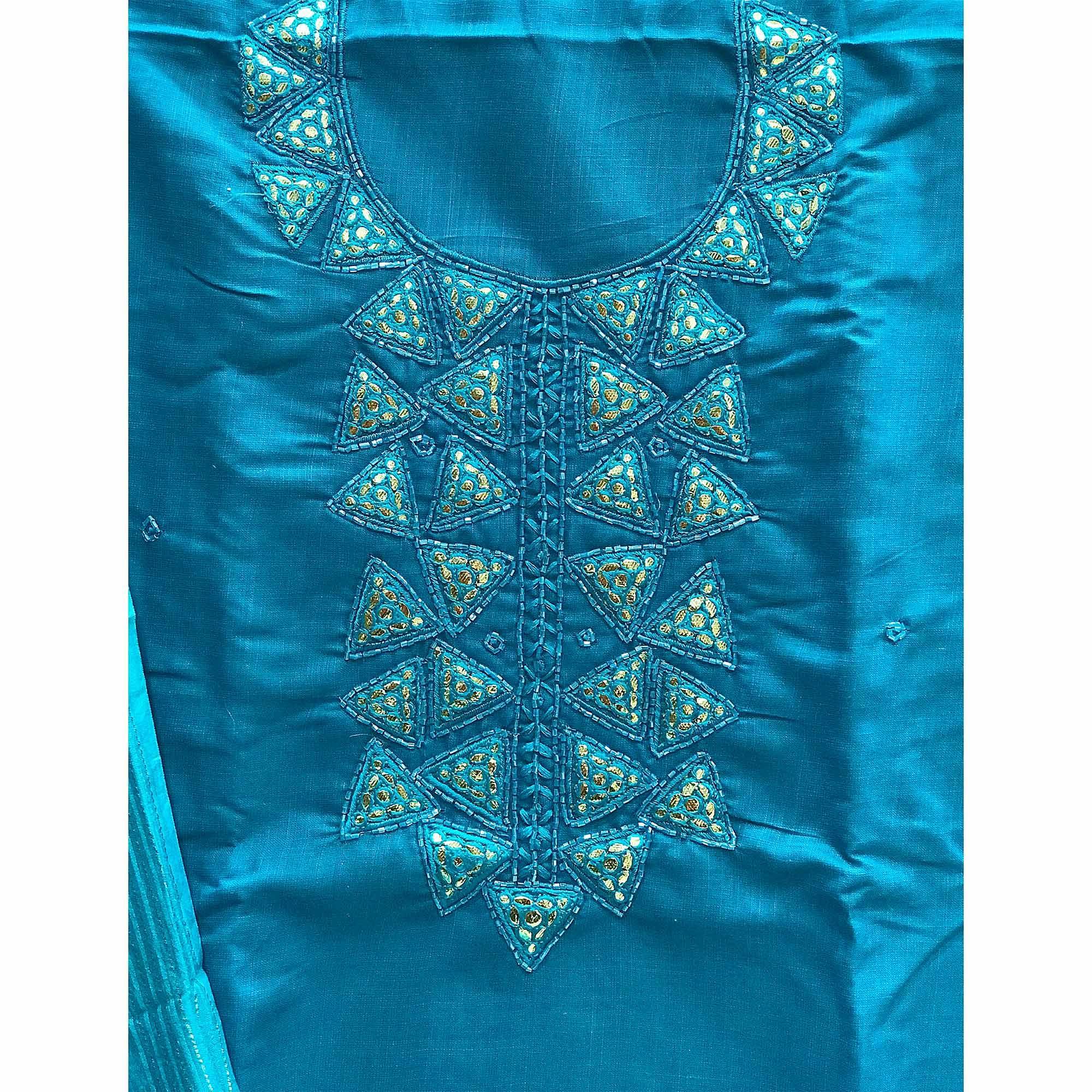 Blue Zardosi Embroidered Cotton Dress Material - Peachmode