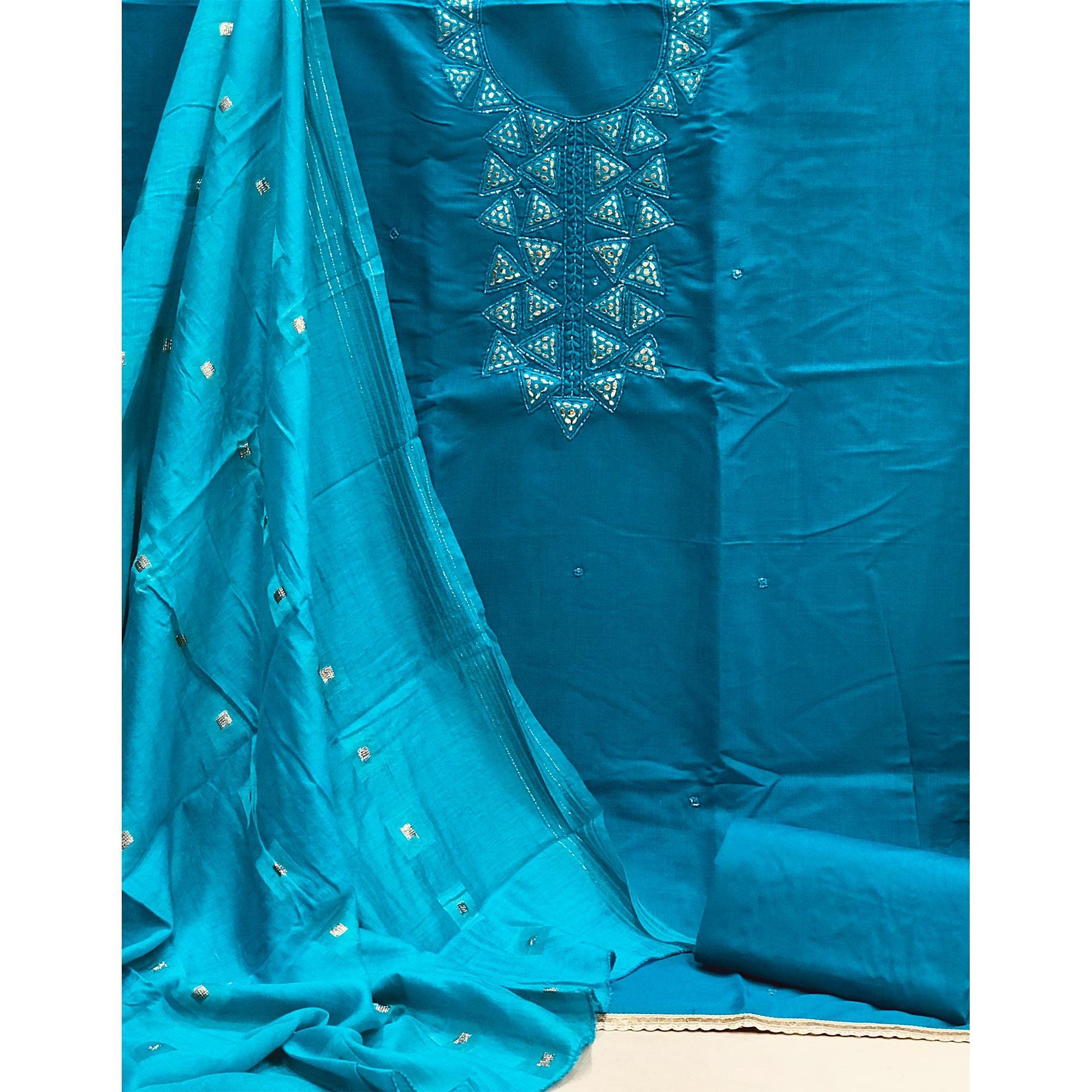 Blue Zardosi Embroidered Cotton Dress Material - Peachmode